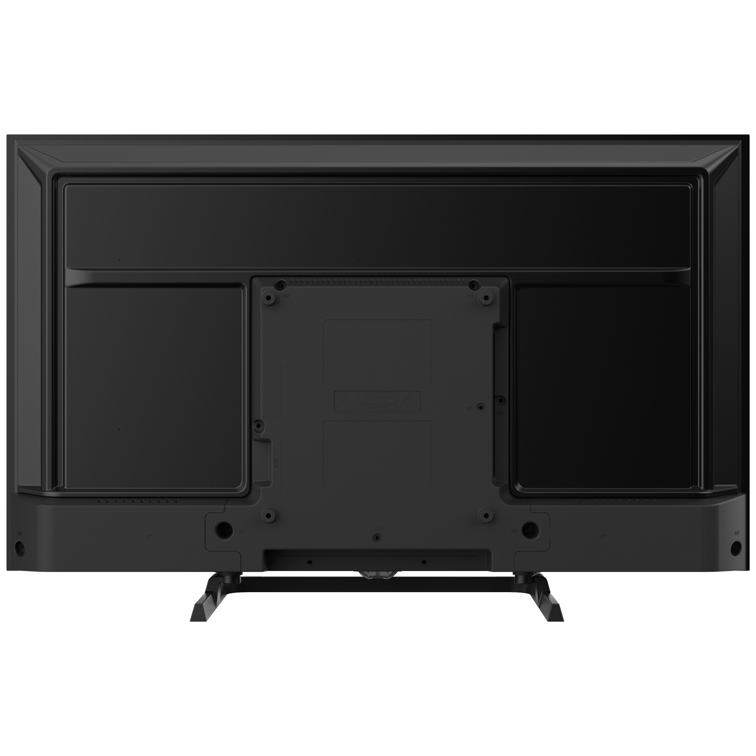 L'arrière d'un téléviseur à écran plat noir est montré, avec des ports, une ventilation et un support de montage central. Deux pieds soutiennent l'écran.