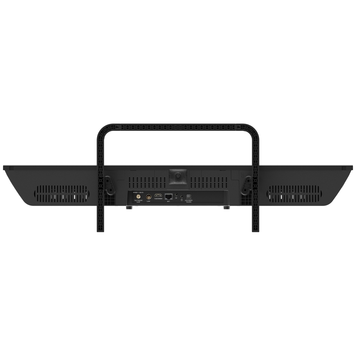 Un appareil rectangulaire noir avec des ports et une poignée. L'avant est ventilé. Le fond est blanc.