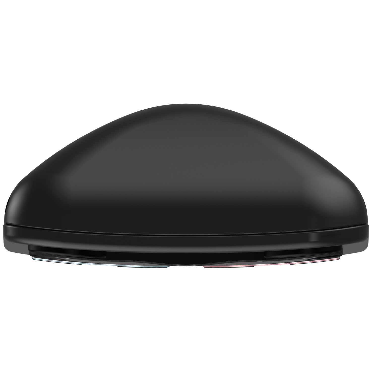 Un objet noir et arrondi avec un fond plat et un dessus incurvé. Le bas a des détails colorés. Le fond est blanc.