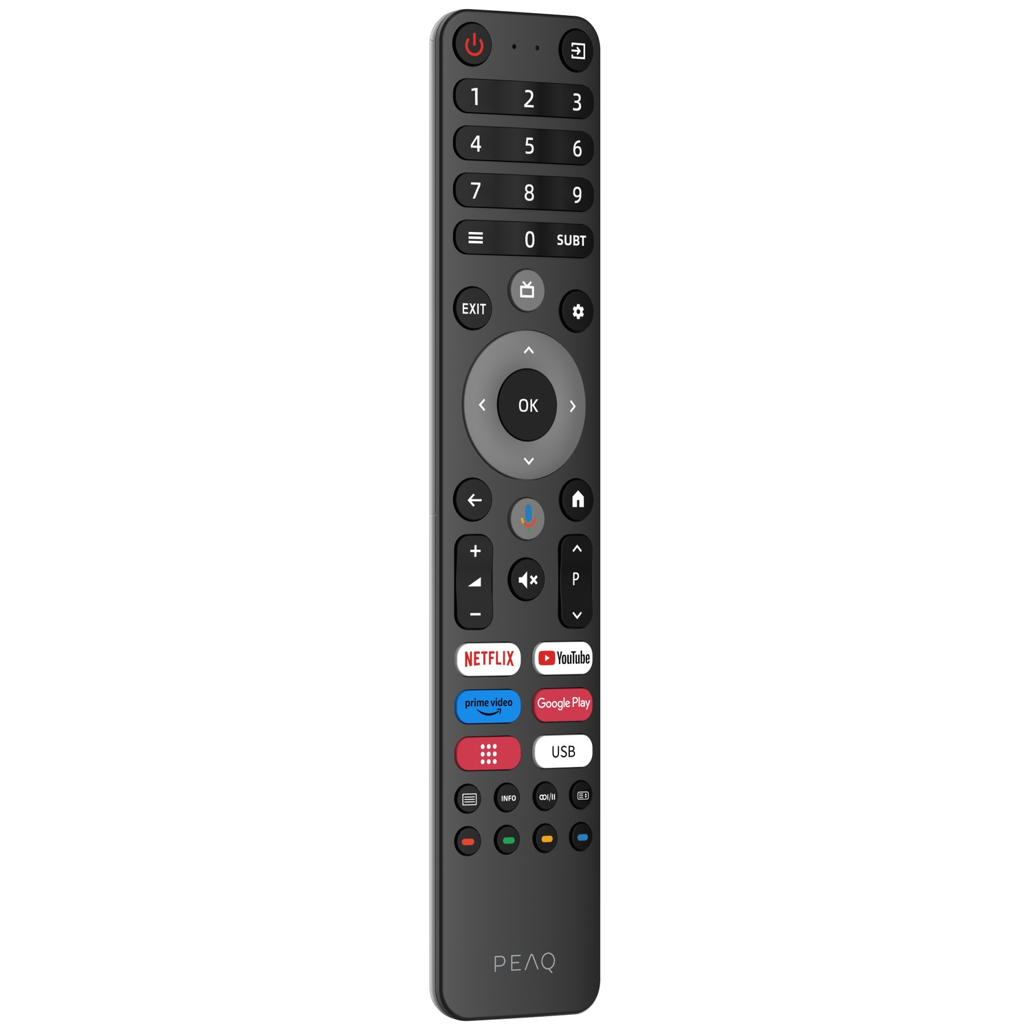 Une télécommande PEAQ noire avec des boutons pour les chiffres, le volume, les chaînes, Netflix, Youtube et l'alimentation.