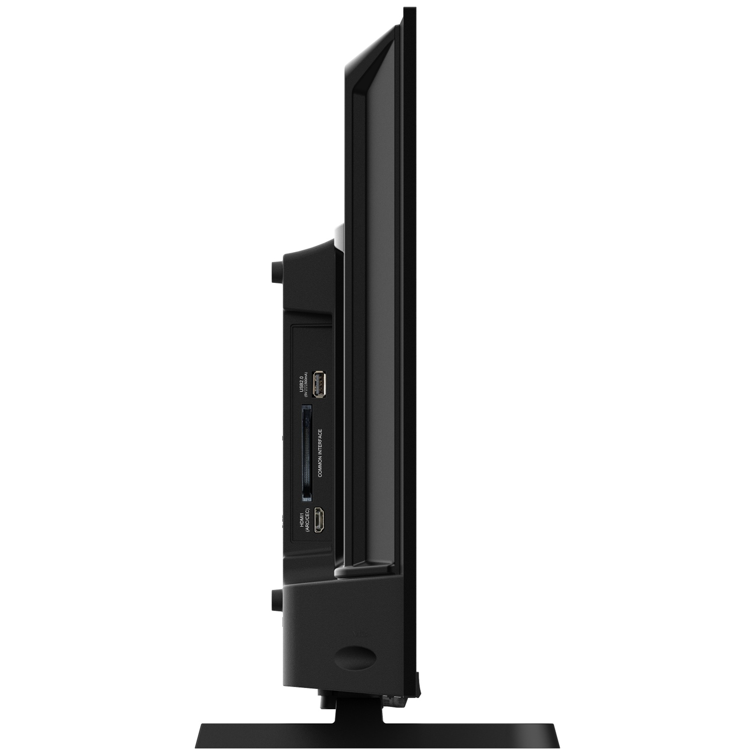 Vue latérale d'une télévision noire. Des ports sont visibles, dont HDMI et USB. La télévision est sur un support, sur fond blanc.
