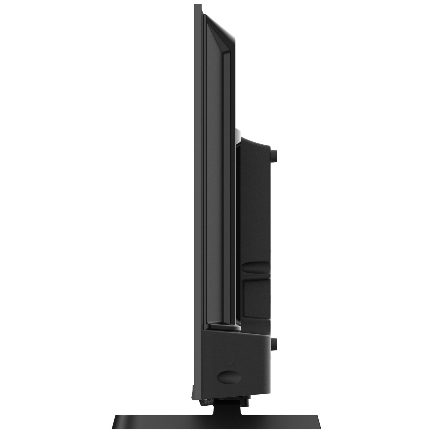 Vue latérale d'une télévision à écran plat noire sur un support noir. La télévision est rectangulaire et l'écran est noir.