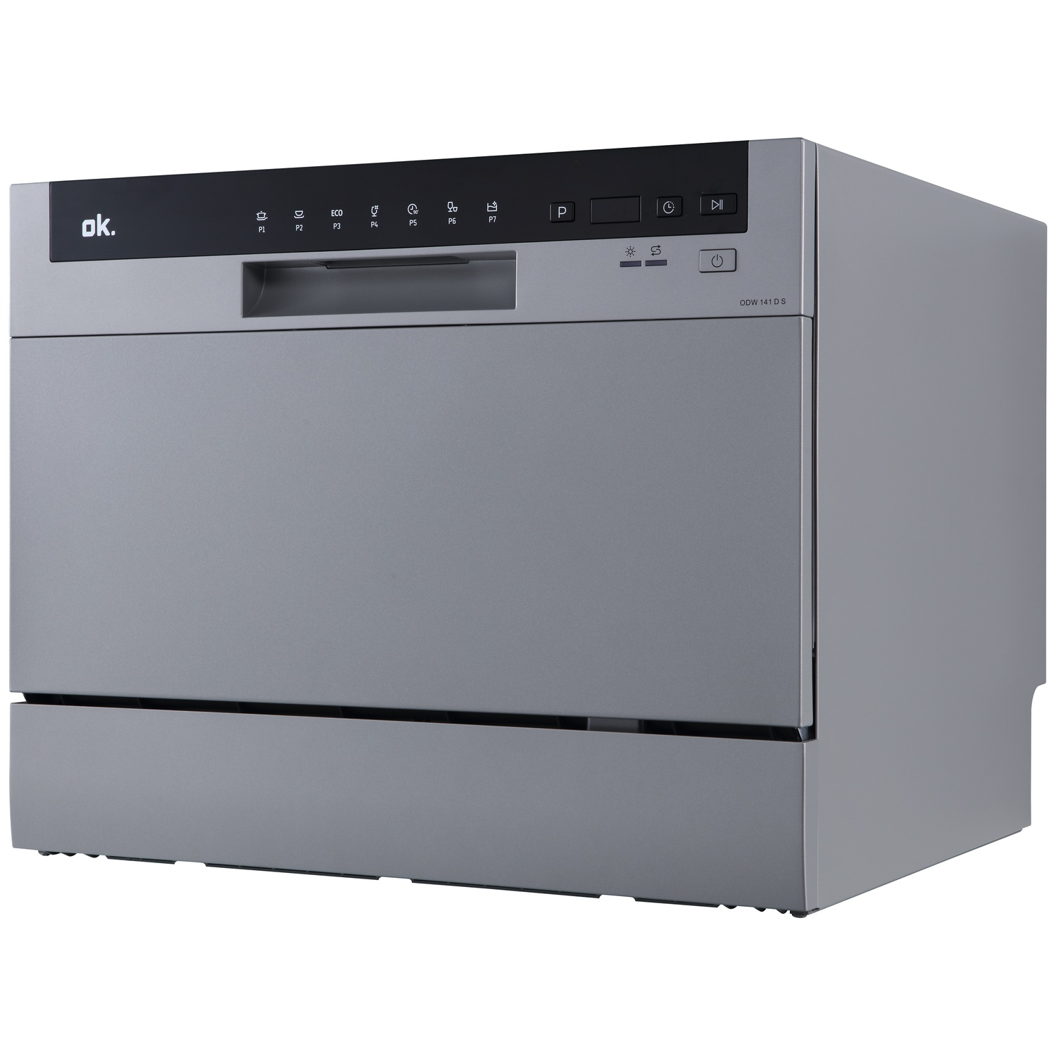 Un lave-vaisselle gris ok. est sur fond blanc. Il possède des boutons de commande. Le modèle est ODW 141 D S. La machine est éteinte.
