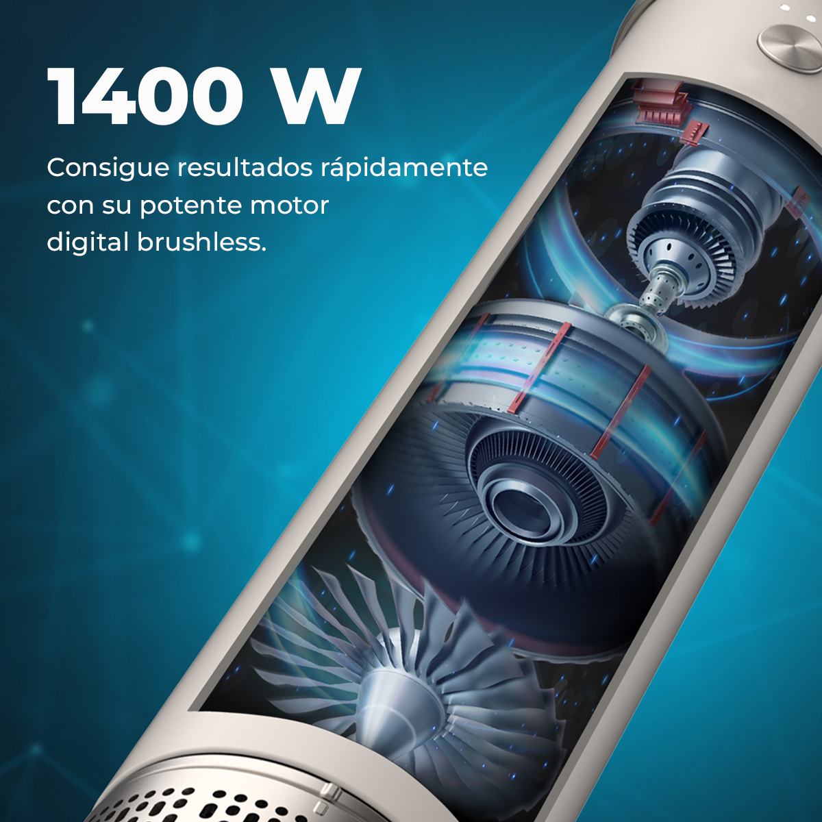 Corte transversal de un secador de pelo que muestra los componentes internos. El texto dice '1400 W' y un lema.