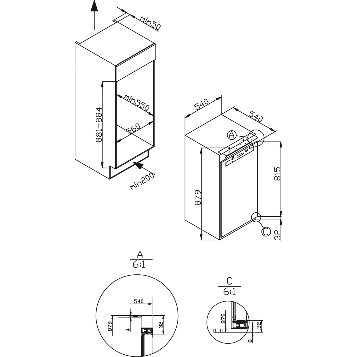 Dessin technique d'un appareil de cuisine encastrable avec dimensions et étiquettes en millimètres.