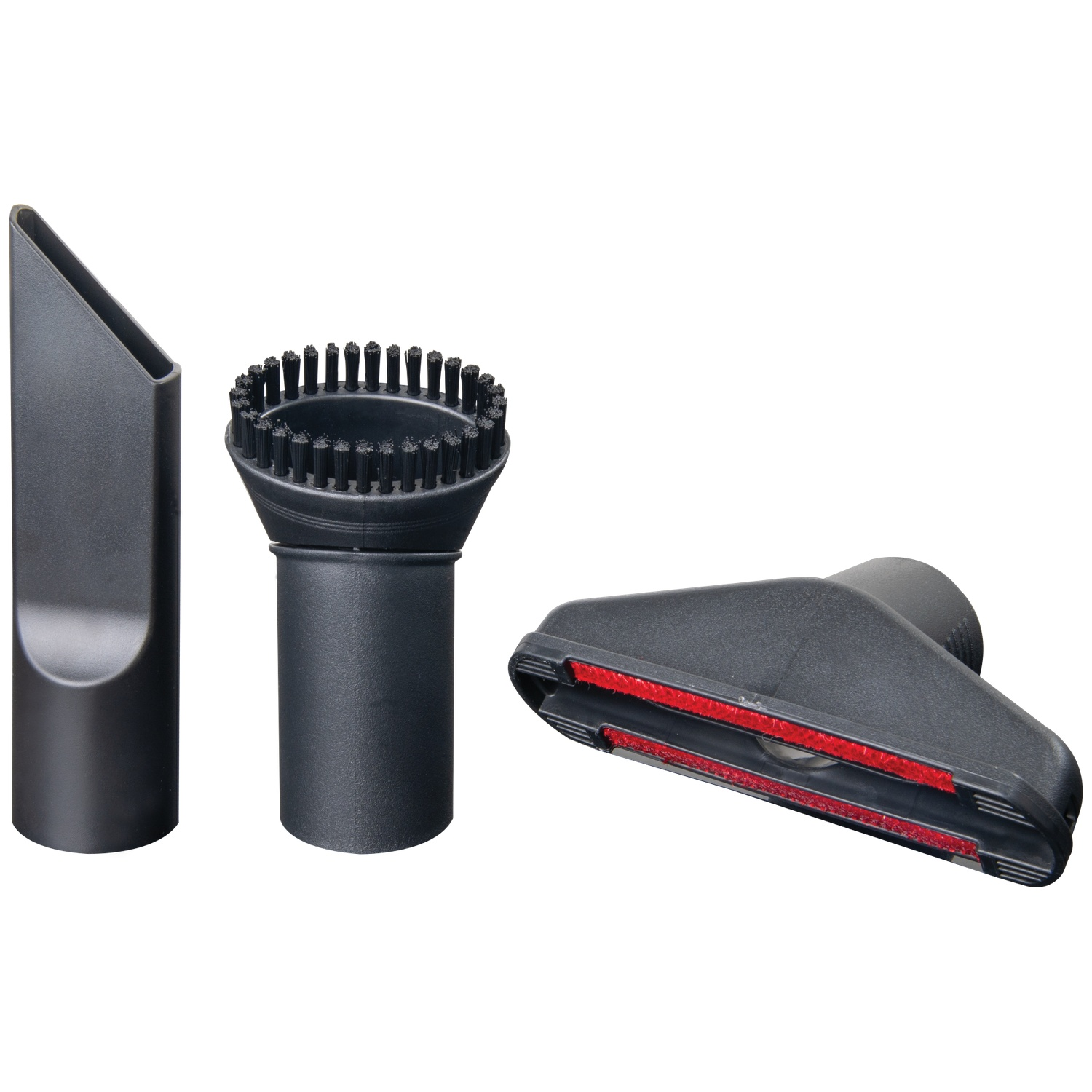 Three black vacuum cleaner attachments: crevice tool, brush head, and floor tool with red brush. All are on a white background.