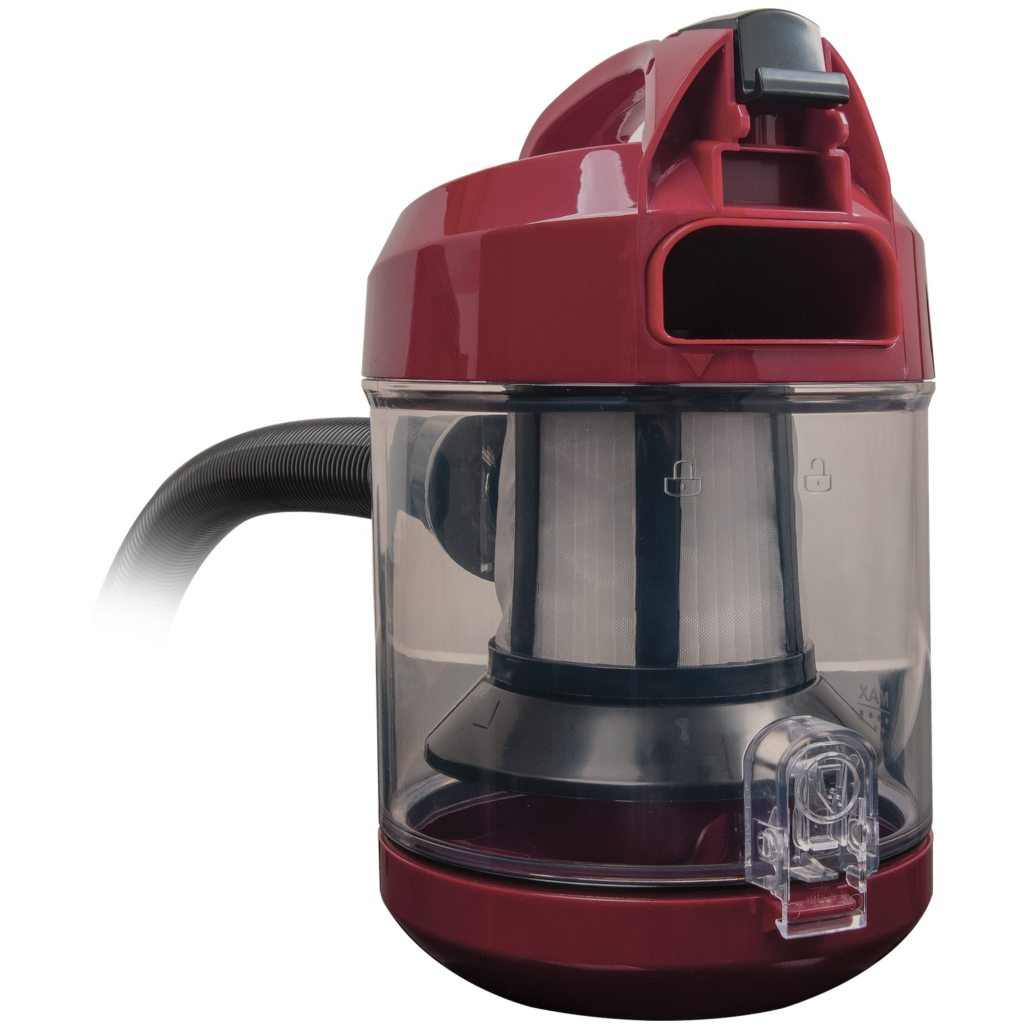A red and transparent vacuum cleaner with a black hose. The cleaner has a handle and a filter inside the transparent container.