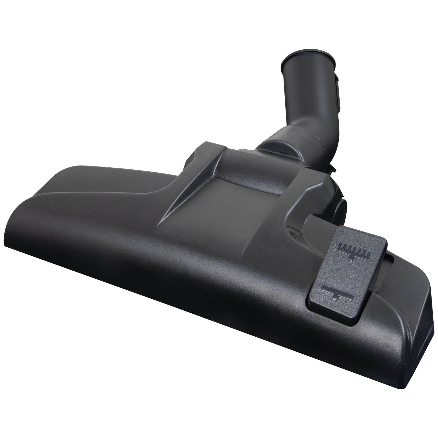 A black vacuum cleaner head on a white background. The head has a rectangular shape with a tube and a switch.