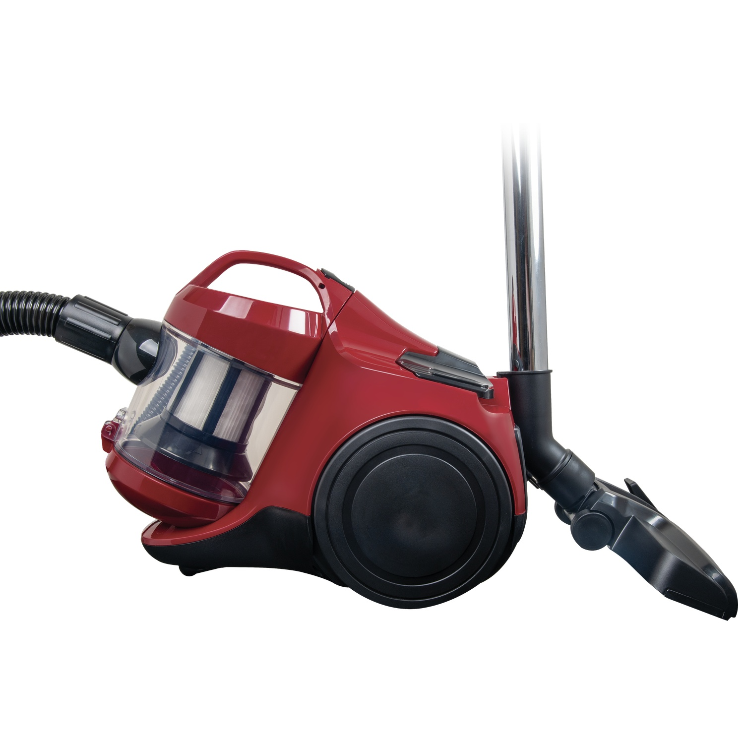 A red vacuum cleaner with black wheels, a handle, and a hose. The vacuum is on a white background.