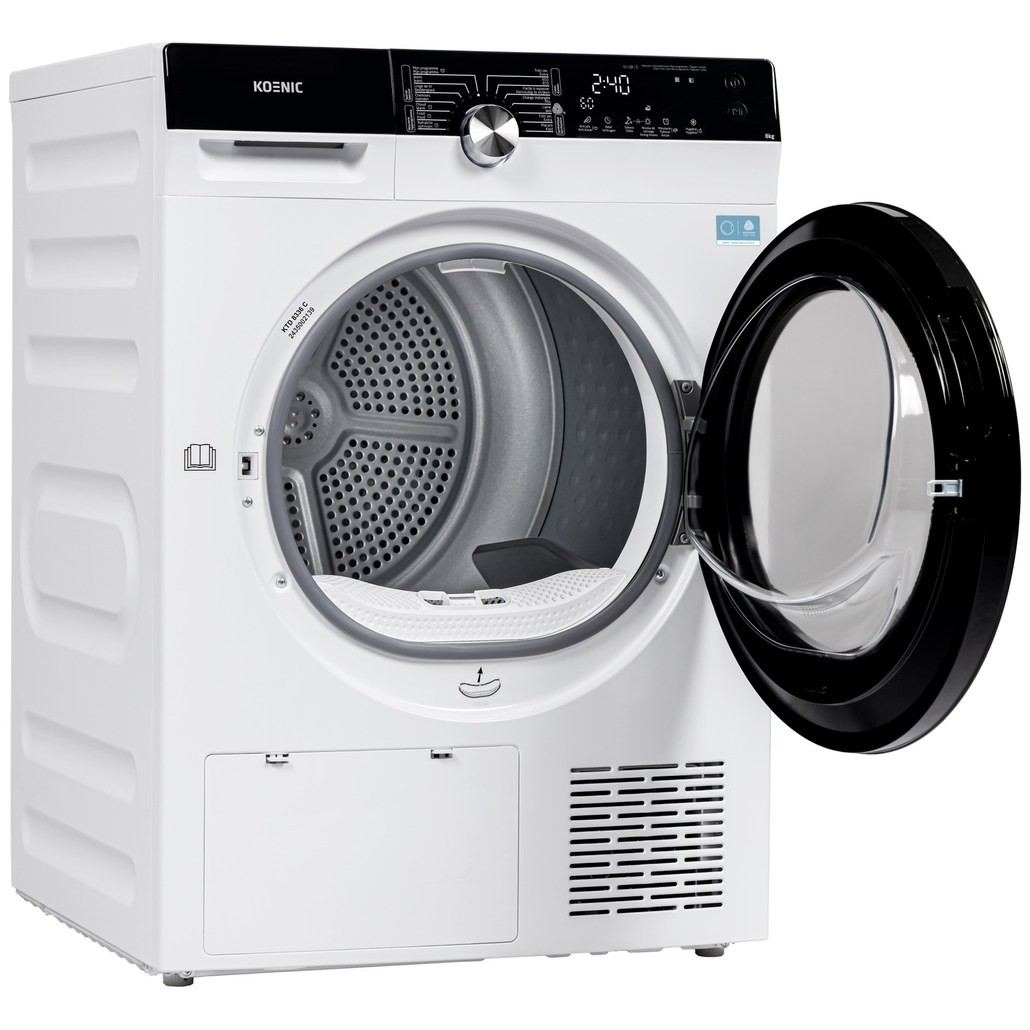 A white Koenic dryer with the door open, showing the inside drum. It has a black top with a control panel and digital display.