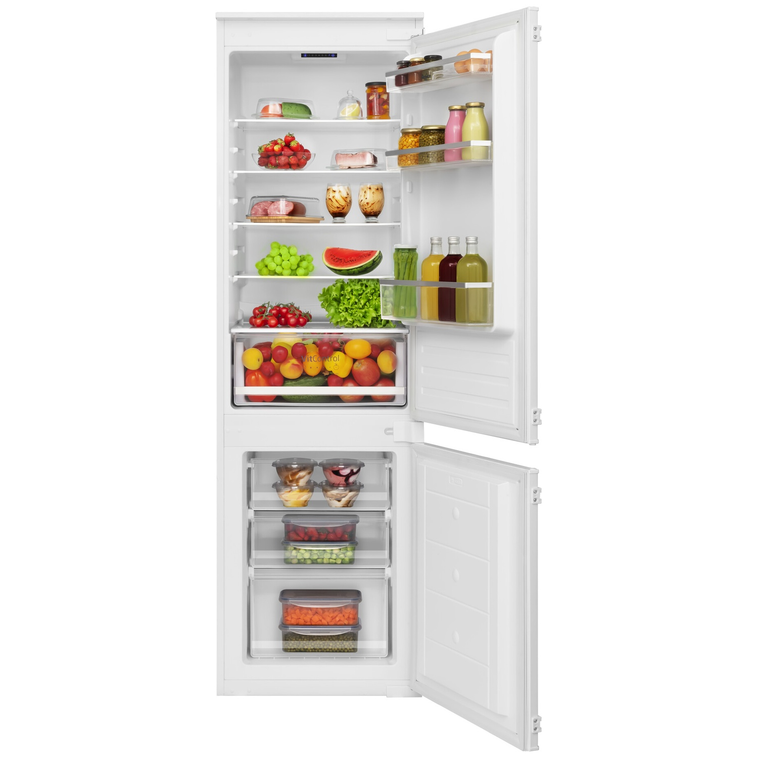 Open refrigerator filled with food: fruits, vegetables, drinks, and packaged items. The fridge is white, and the door is open.