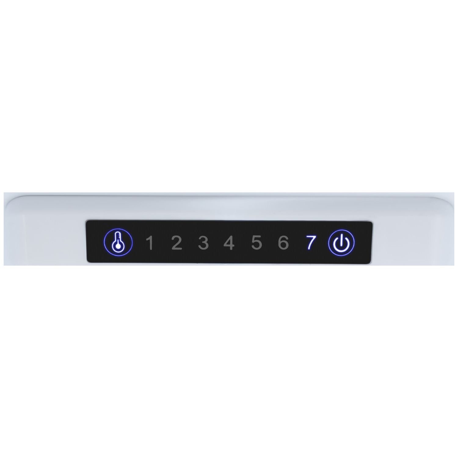 A black panel with numbers 1-7 and symbols for temperature and power. The panel is on a white surface.