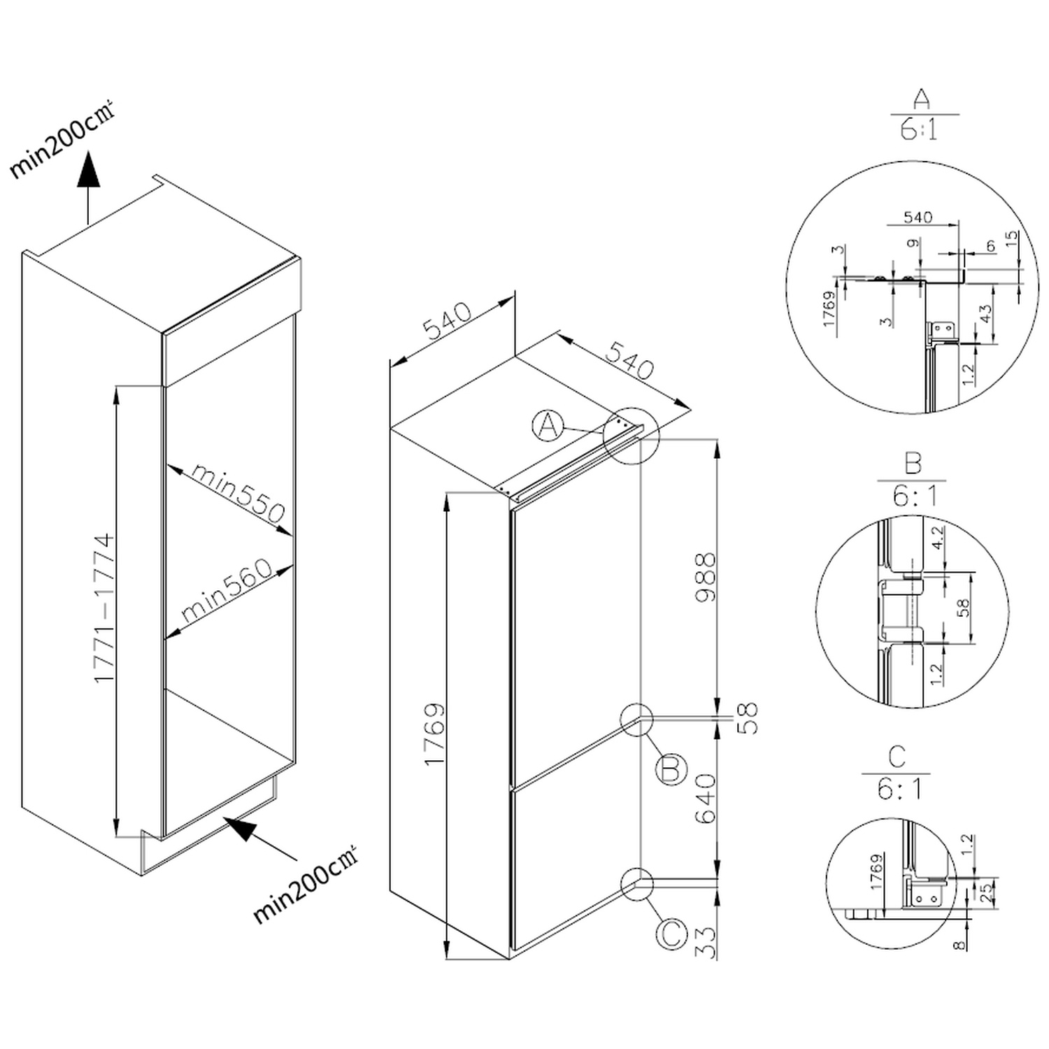Technical drawing of a cabinet with dimensions in mm. Includes details of the cabinet's structure and components.