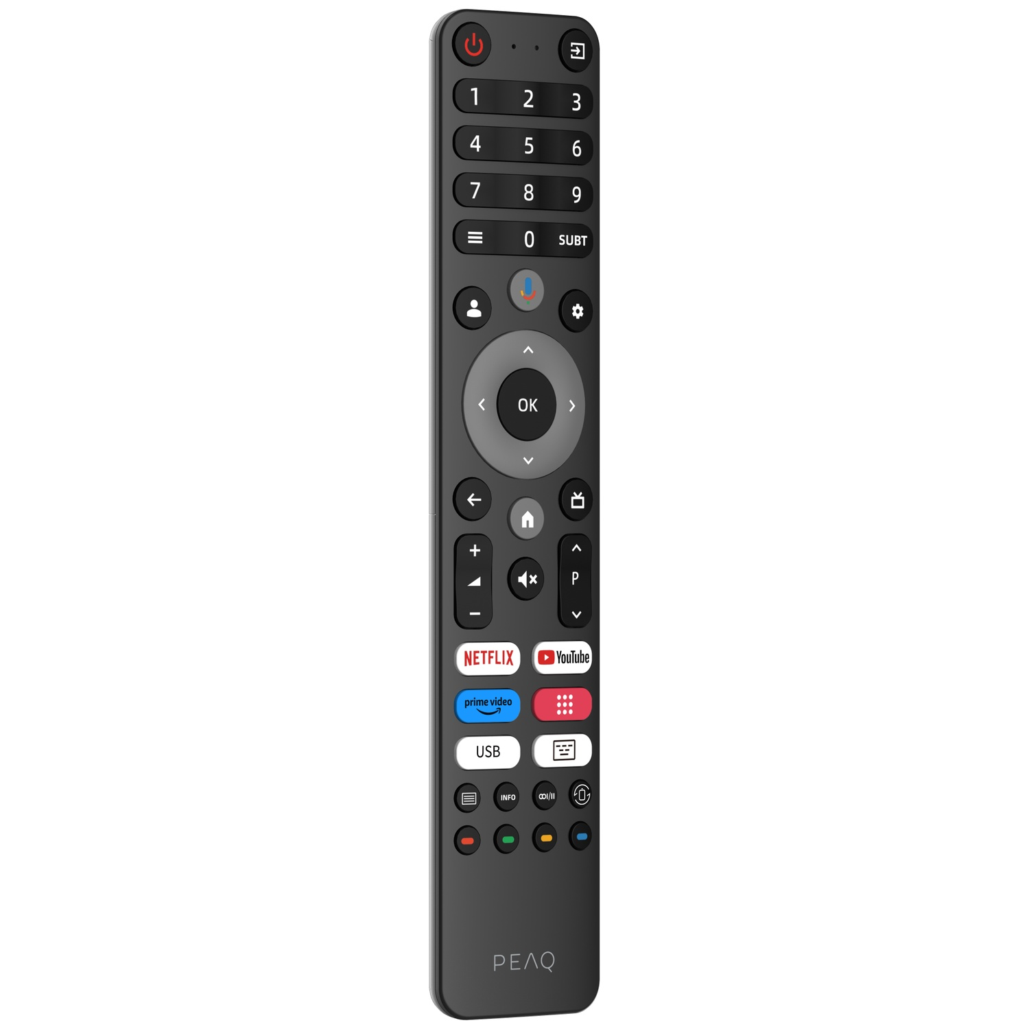 Een zwarte PEAQ tv-afstandsbediening met diverse knoppen voor stroom, nummers, Netflix, YouTube, volume en navigatie.