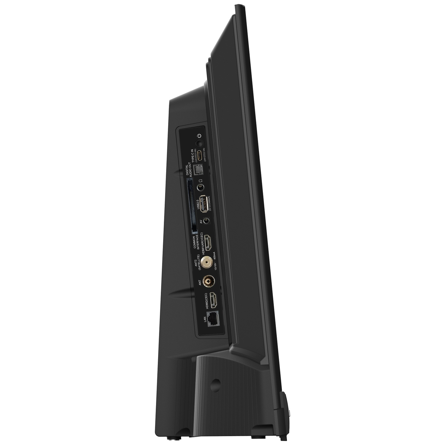 Zijaanzicht van een zwarte tv met poorten voor USB, HDMI, LAN, antenne en stroom. Het scherm is iets gekanteld.
