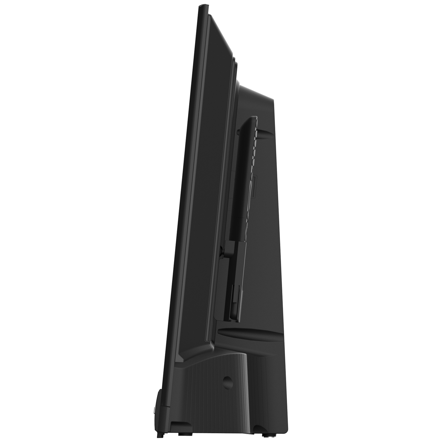 Zijaanzicht van een zwarte monitor. Het heeft een standaard, een scherm en een beugel. De achtergrond is wit.