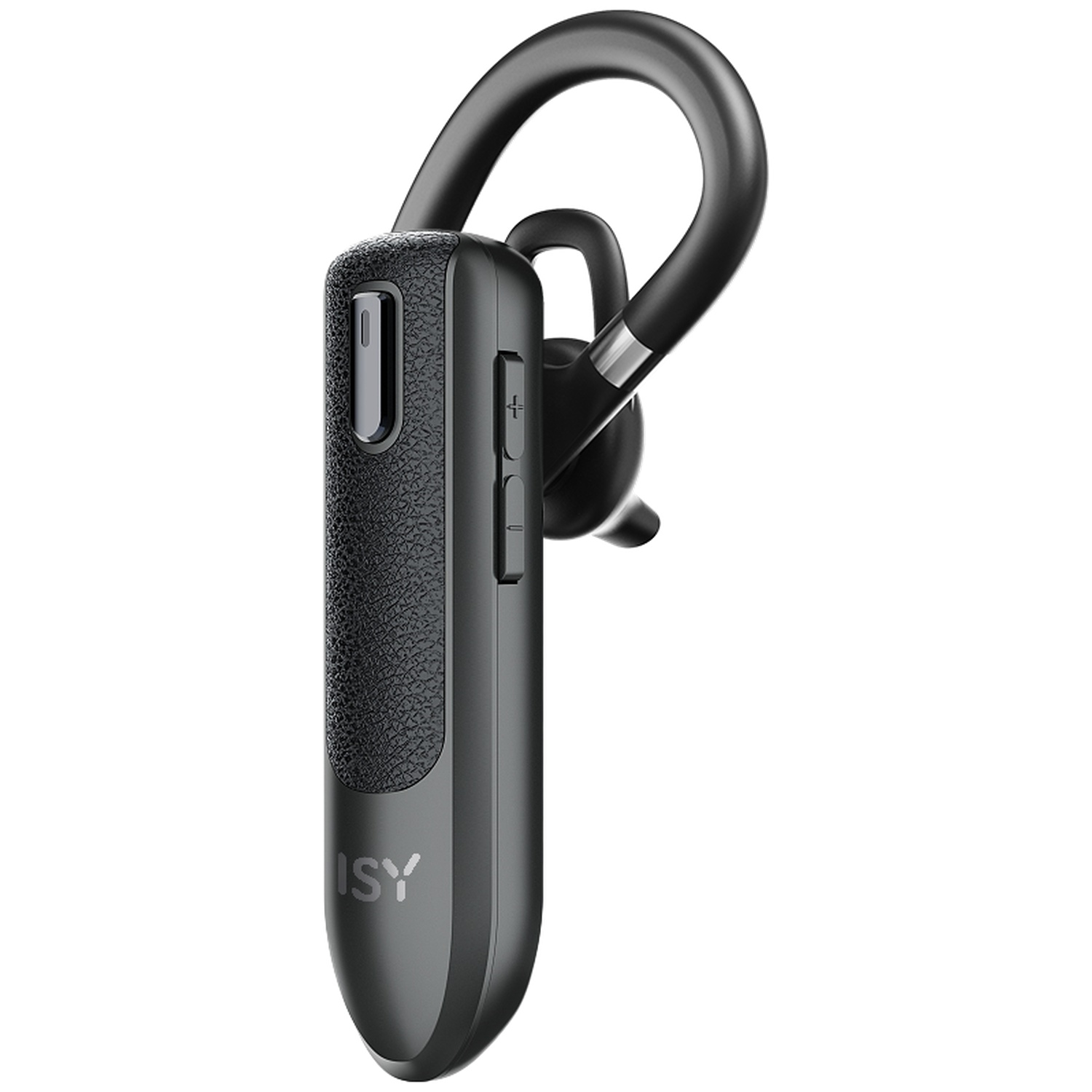 A black ISY Bluetooth headset. It features a curved ear hook, a textured microphone section, and volume control buttons.