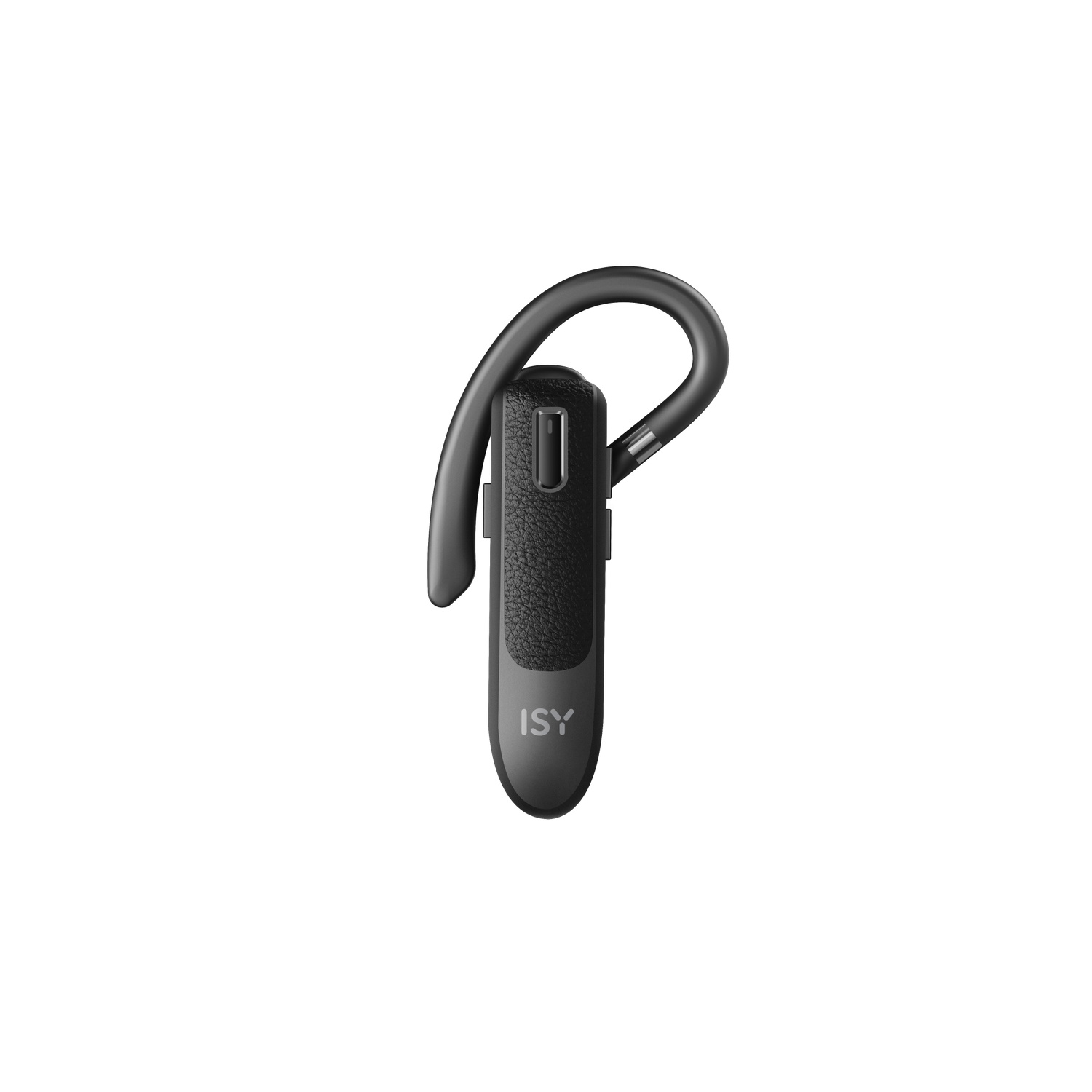 A black ISY Bluetooth headset. It has an ear hook and a microphone. The background is white.