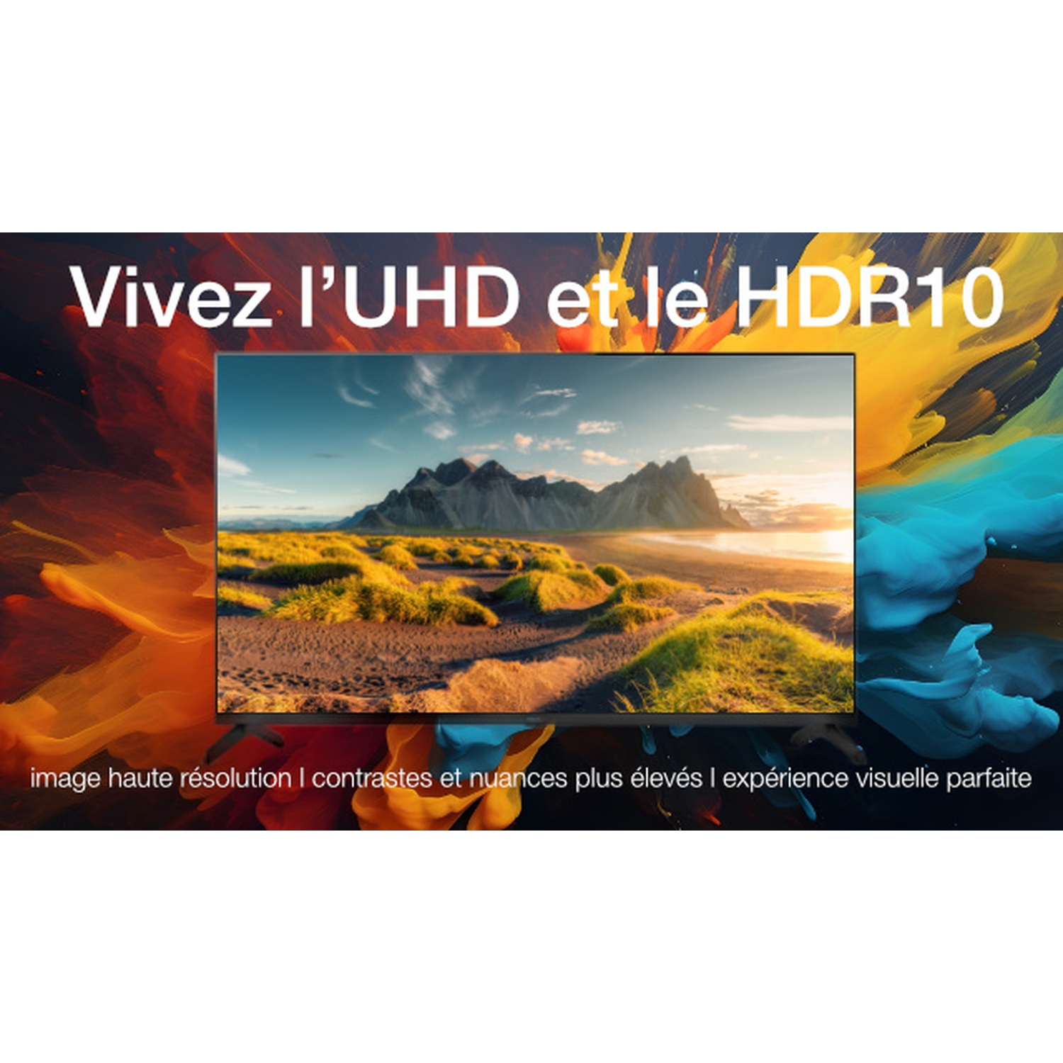 Image promotes UHD and HDR10. It shows a TV with a landscape scene. Text at the bottom states high resolution and perfect visual experience.