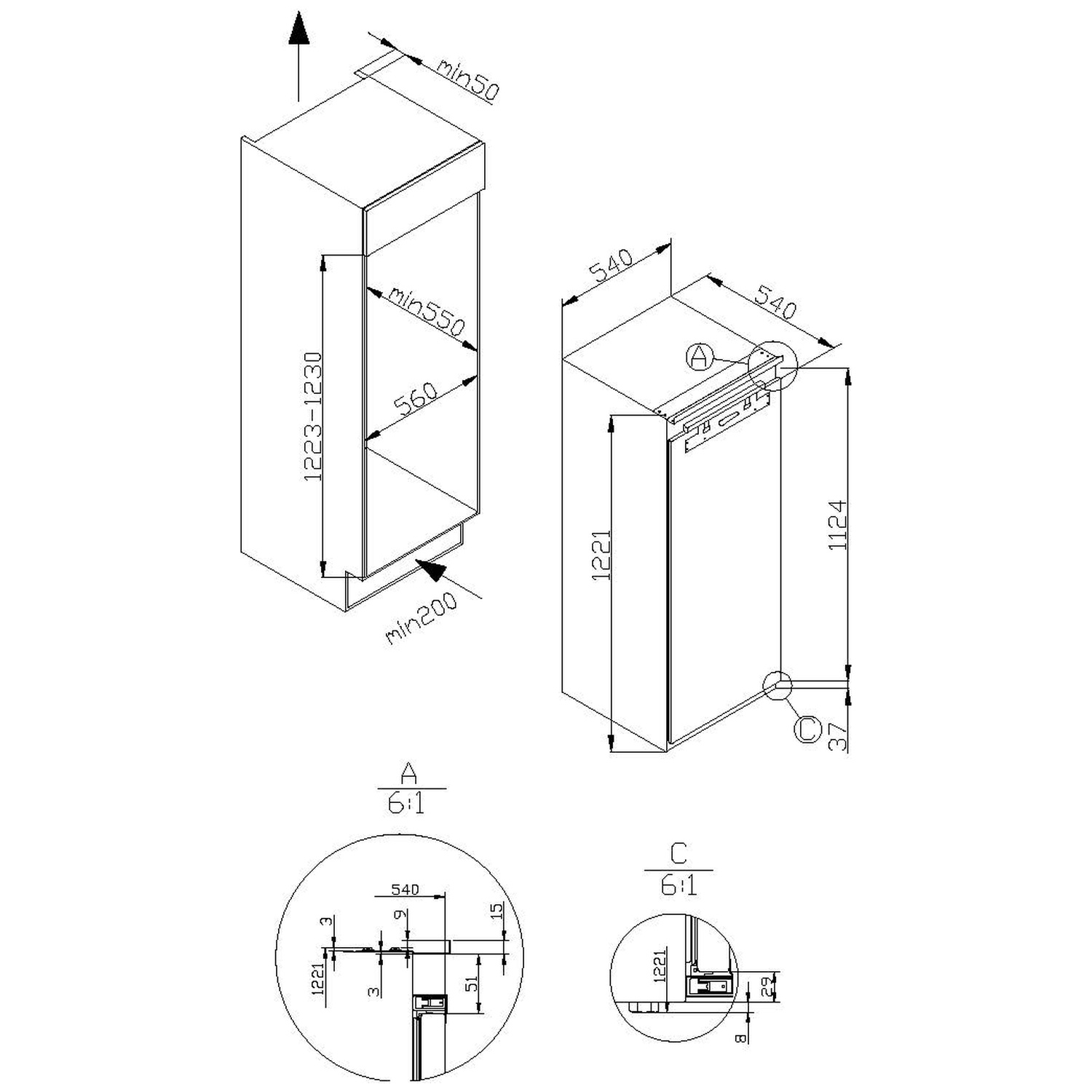 Dessin technique d'une armoire avec dimensions en millimètres. Inclut vue de dessus, latérale et coupes détaillées.