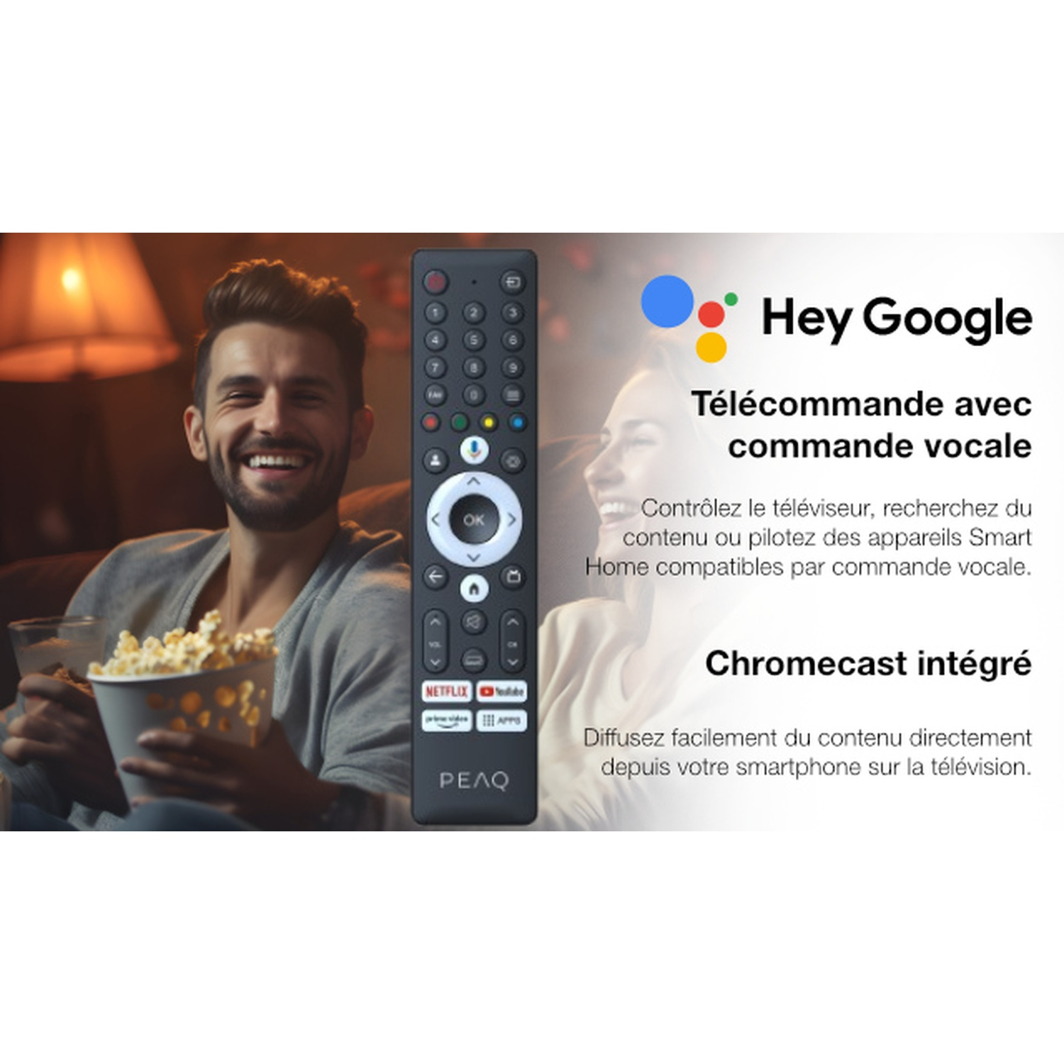 A man smiles while holding popcorn. A woman is in the background. A remote control is on the right side. Google logo is on the top.