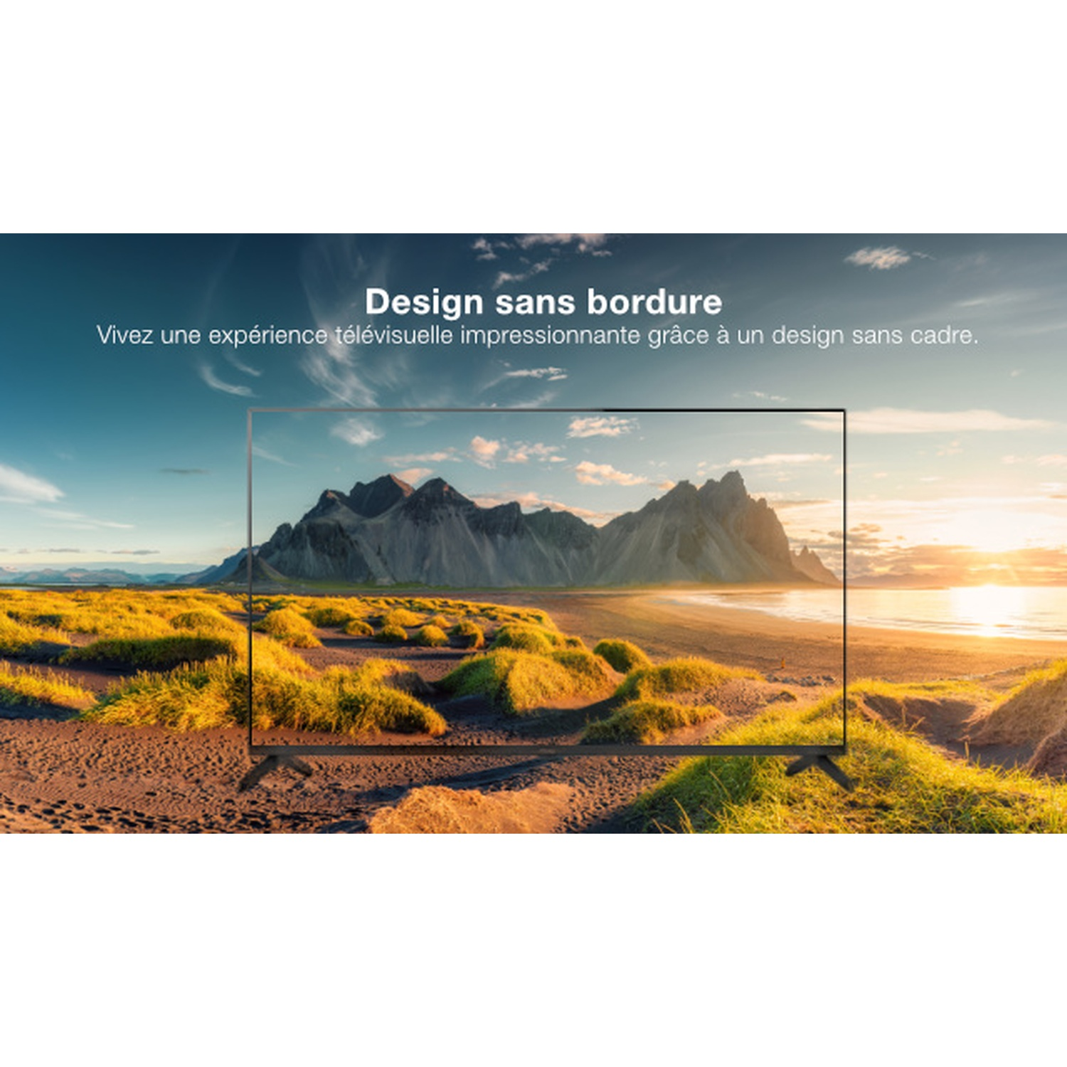 TV screen displays a landscape with mountains, a beach, and a sunset. Text reads 'Design sans bordure' and French description.