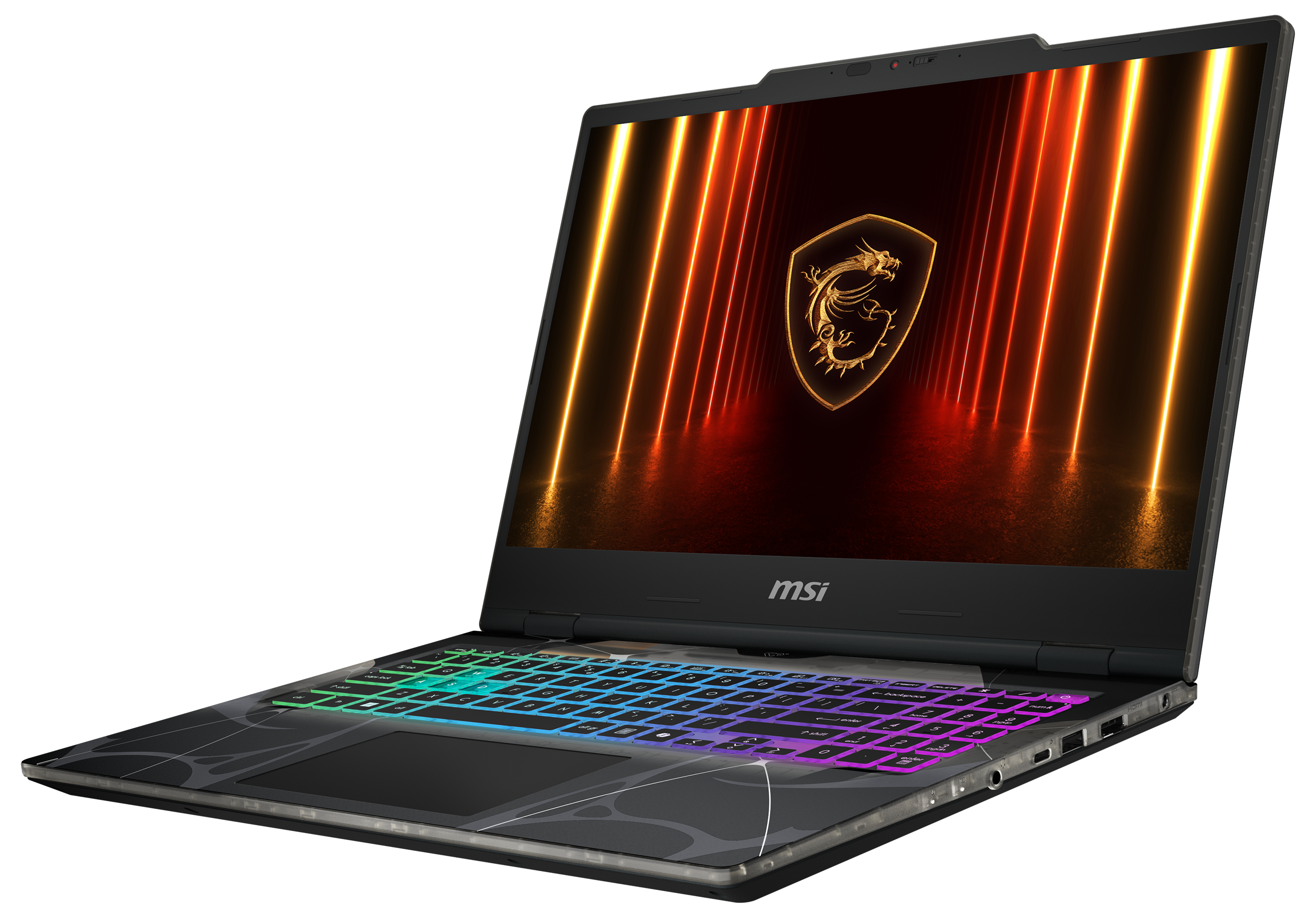 Gaming-Laptop mit bunten Tastaturleuchten und einem Bildschirm, der ein Logo mit einem Drachen zeigt.