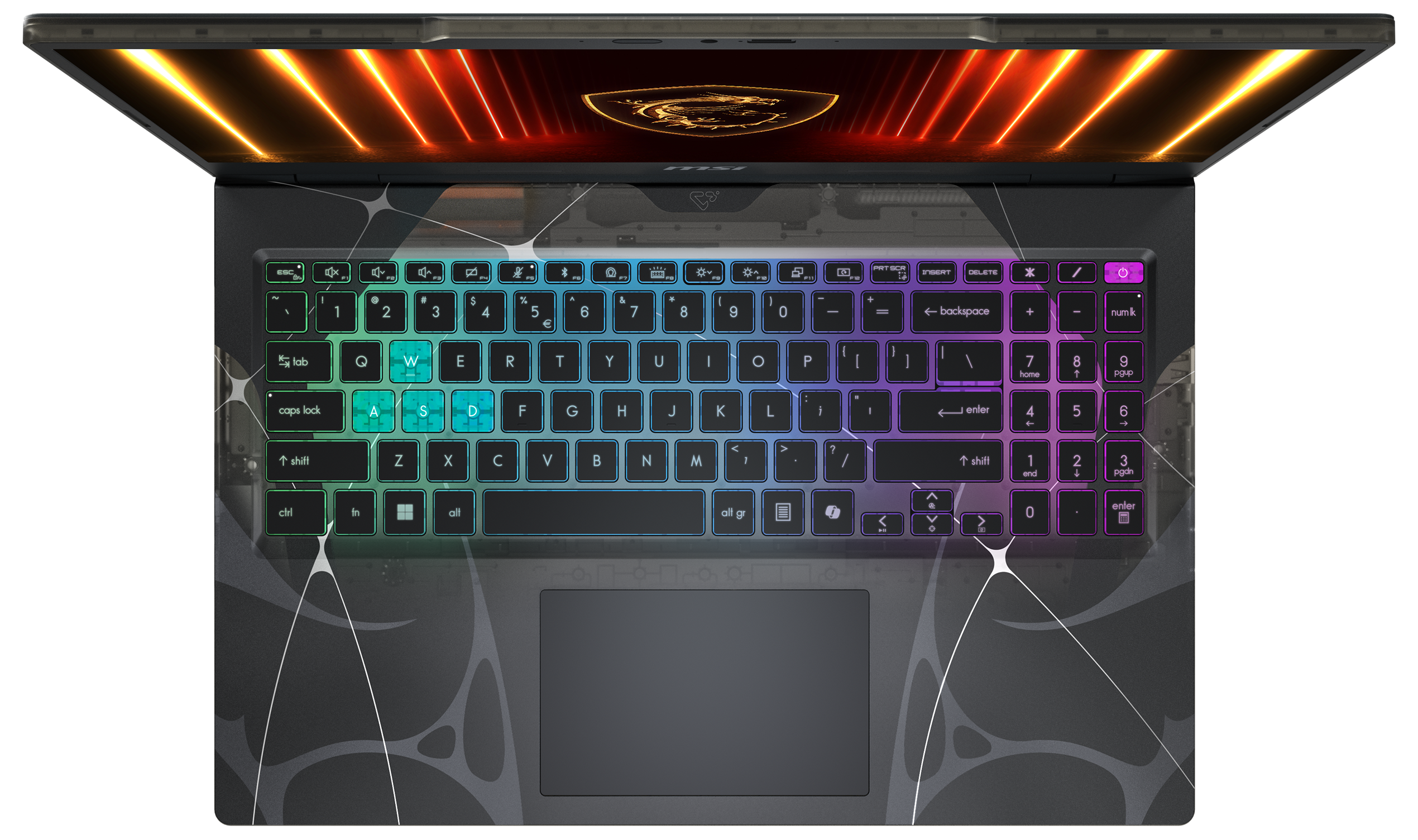 Draufsicht auf Laptop-Tastatur mit farbiger Hintergrundbeleuchtung. Bildschirm zeigt orange und gelbe Linien. Trackpad darunter.