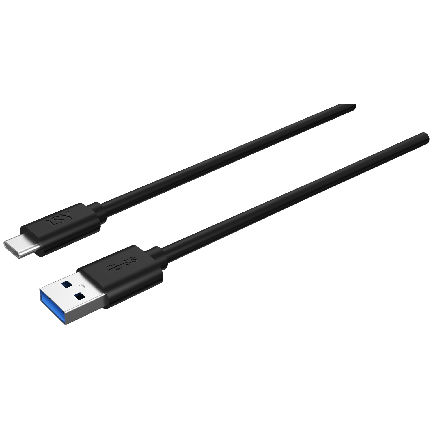 Deux câbles USB noirs avec différents connecteurs. L'un a un USB-C, l'autre un USB-A avec un intérieur bleu, tous deux sur fond blanc.