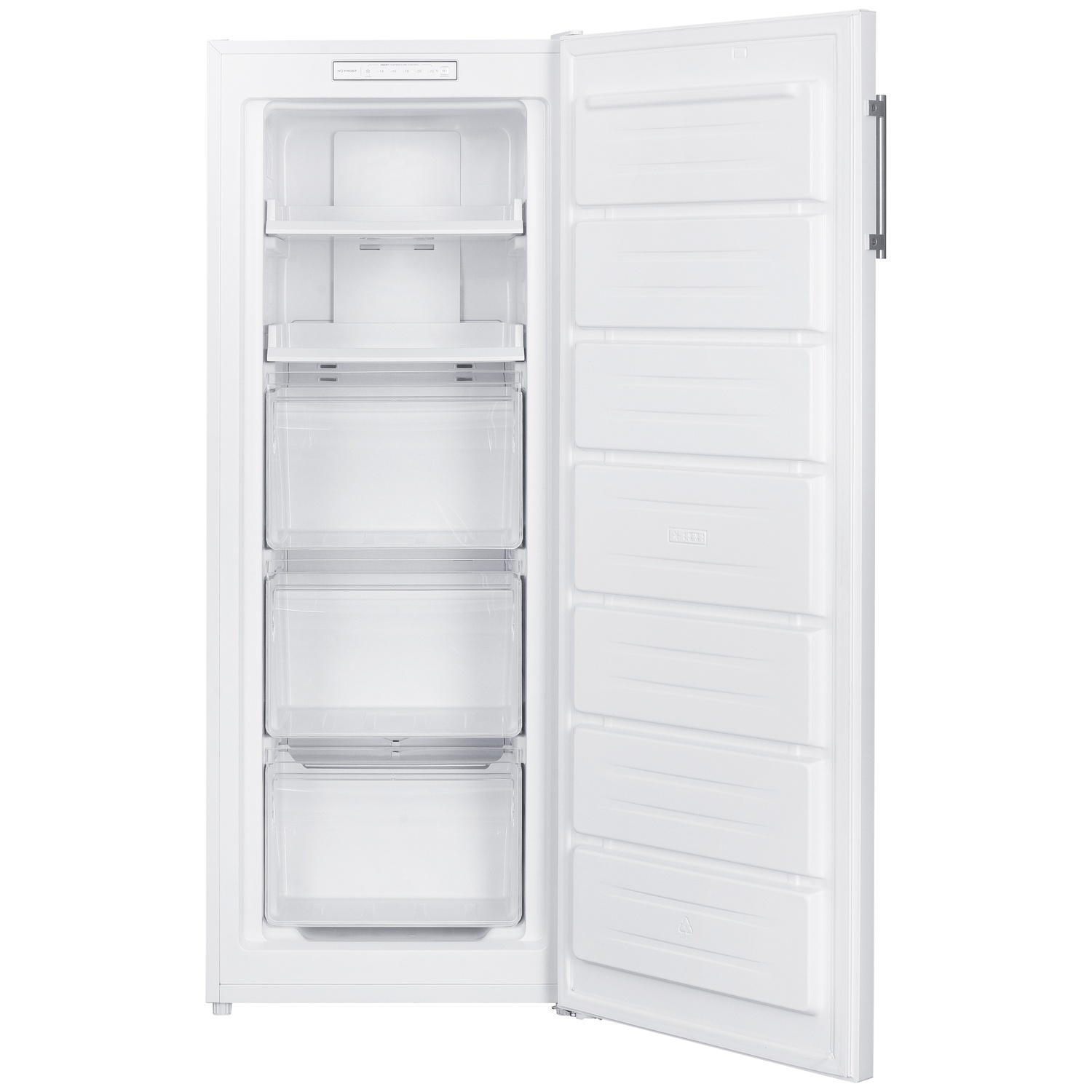 Un congélateur blanc ouvert avec plusieurs tiroirs et étagères transparents à gauche. La porte est ouverte à droite, révélant le contenu.
