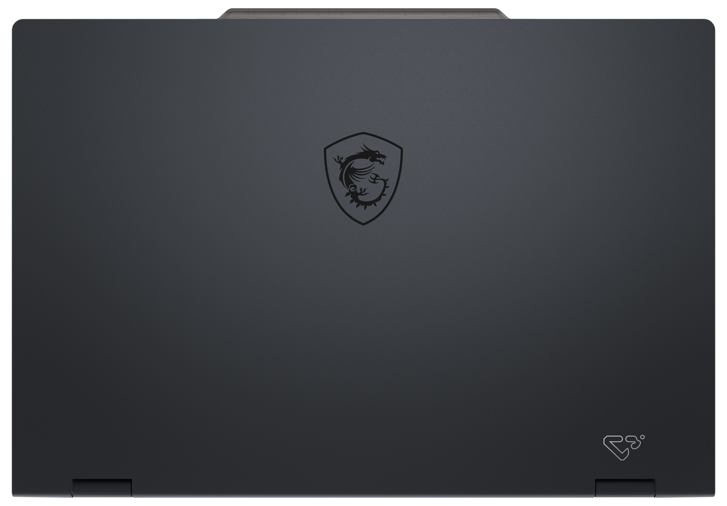Dunkelgrauer Laptop von oben. Er hat ein Drachenlogo und ein stilisiertes Logo unten rechts.
