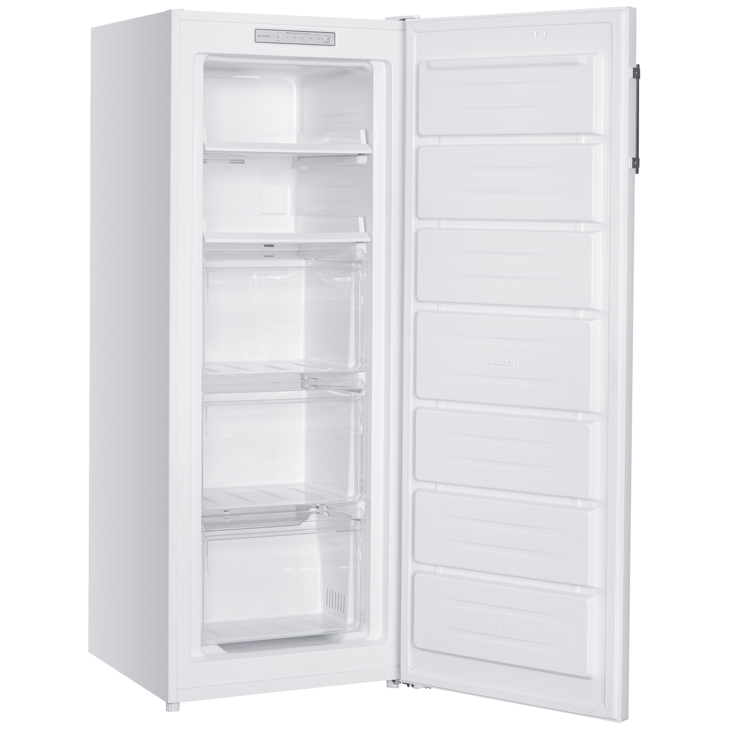 Un congélateur blanc avec la porte ouverte, montrant des étagères et des tiroirs. La porte a des tiroirs.
