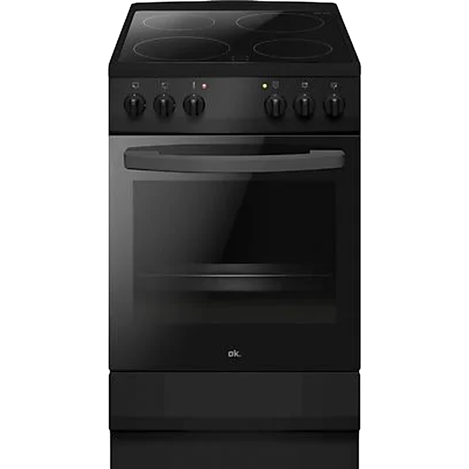 Une cuisinière électrique noire avec quatre brûleurs, des boutons de commande et un four avec une porte vitrée. La marque 'ok' est visible.