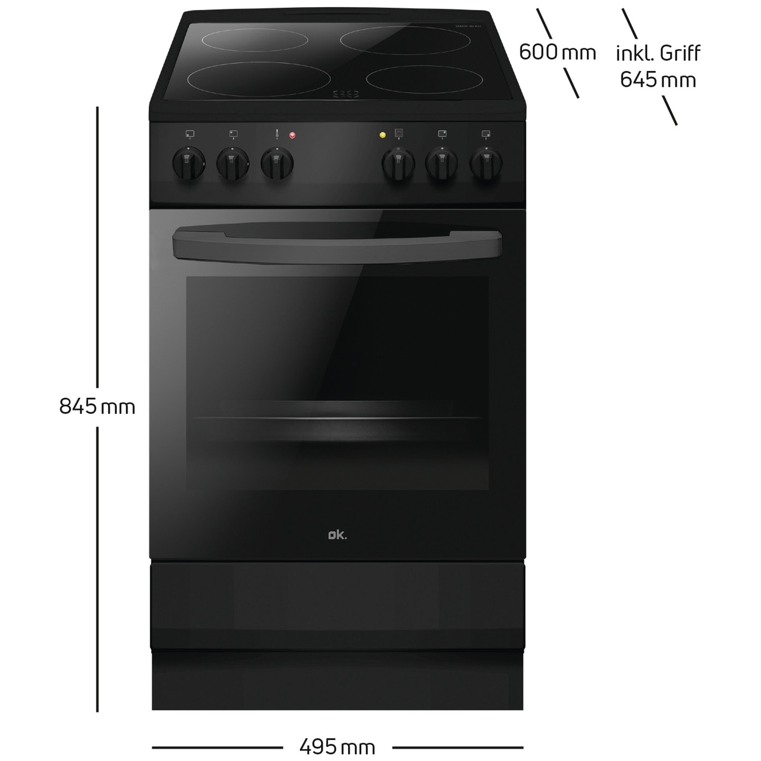 Cuisinière électrique noire avec quatre brûleurs, four et boutons de commande. Dimensions : 845 mm de haut, 495 mm de large. Marque : ok.