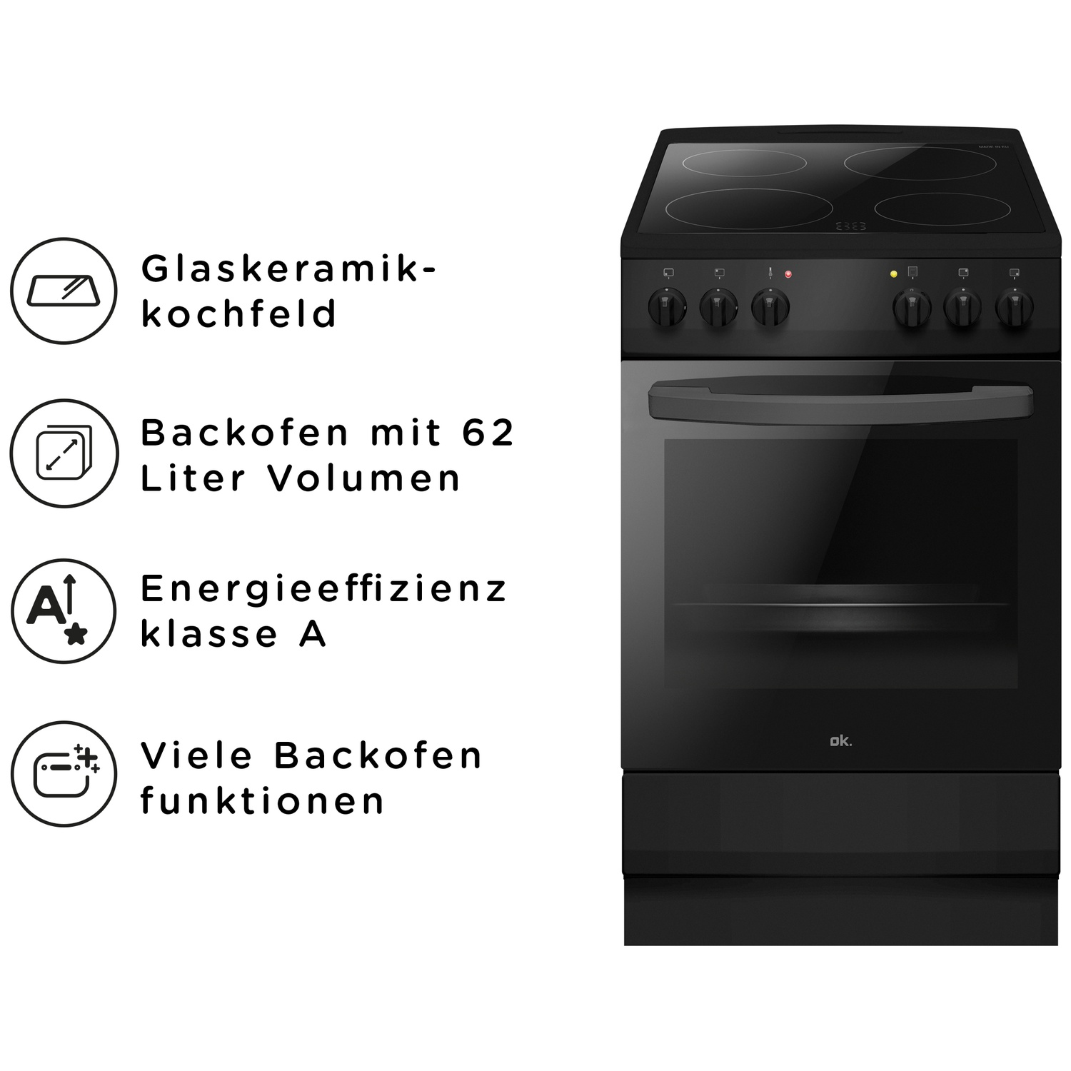 Une cuisinière électrique noire avec une table de cuisson vitrocéramique, un four et des boutons. Classe énergétique A.