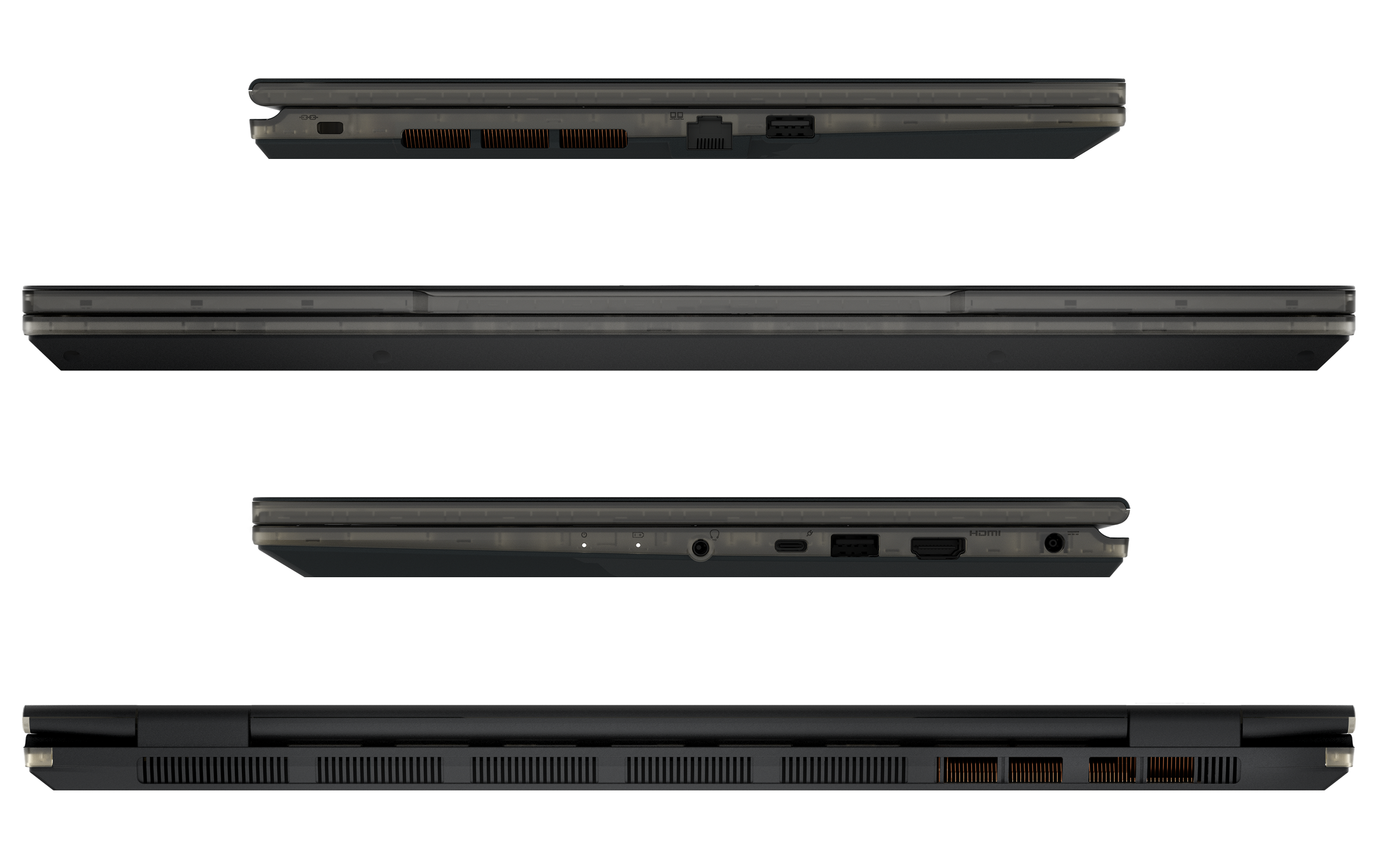 Vier Seitenansichten eines schwarzen Laptops. Anschlüsse, Lüfter und Kanten sind vor schwarzem Hintergrund sichtbar.