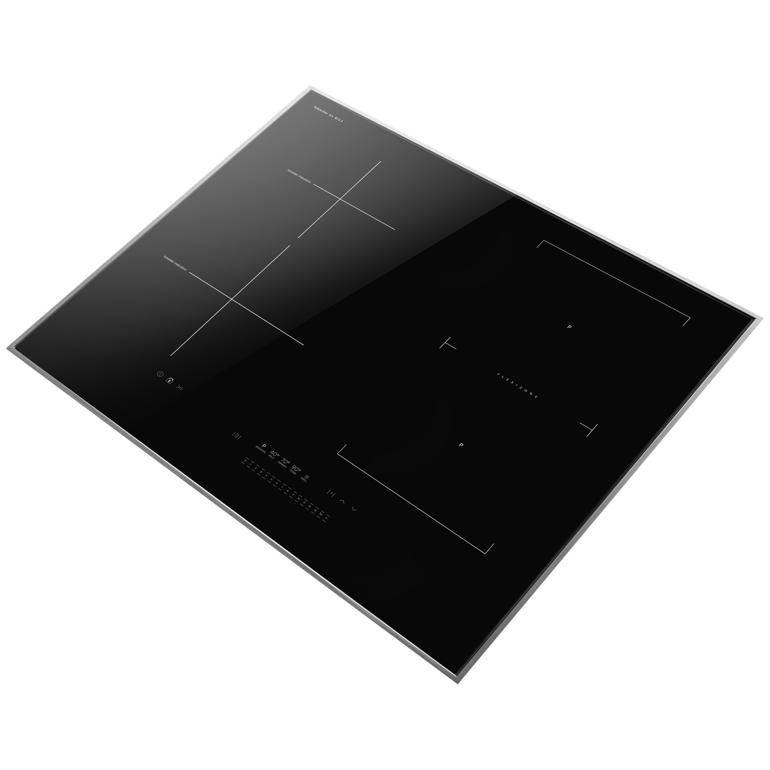 Une table de cuisson à induction noire avec des marquages et des commandes blancs. Elle possède quatre zones de cuisson, un affichage numérique et un cadre métallique.