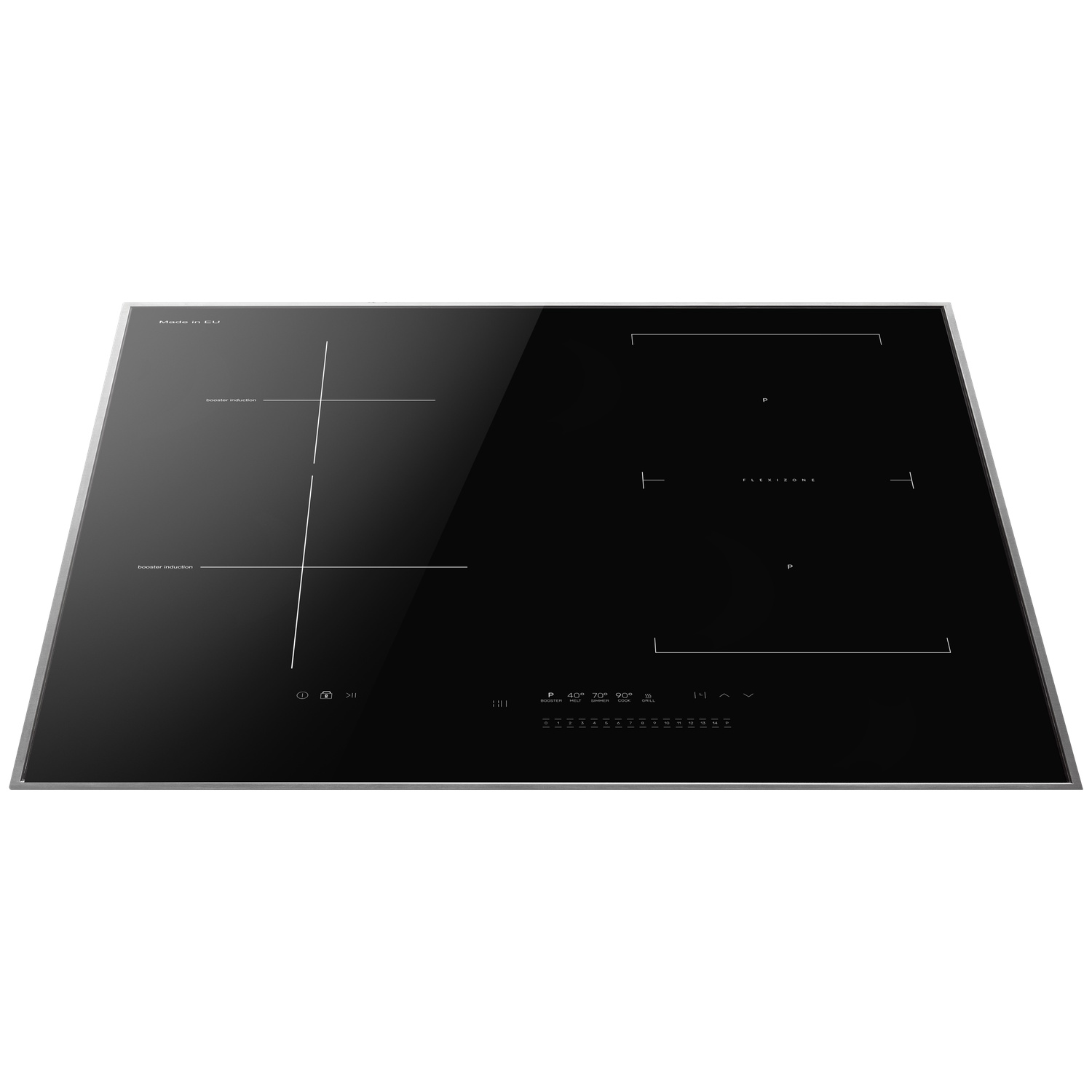 Une table de cuisson à induction noire avec des bords argentés. Elle possède des commandes tactiles et des indicateurs de brûleurs.  'Made in EU'.