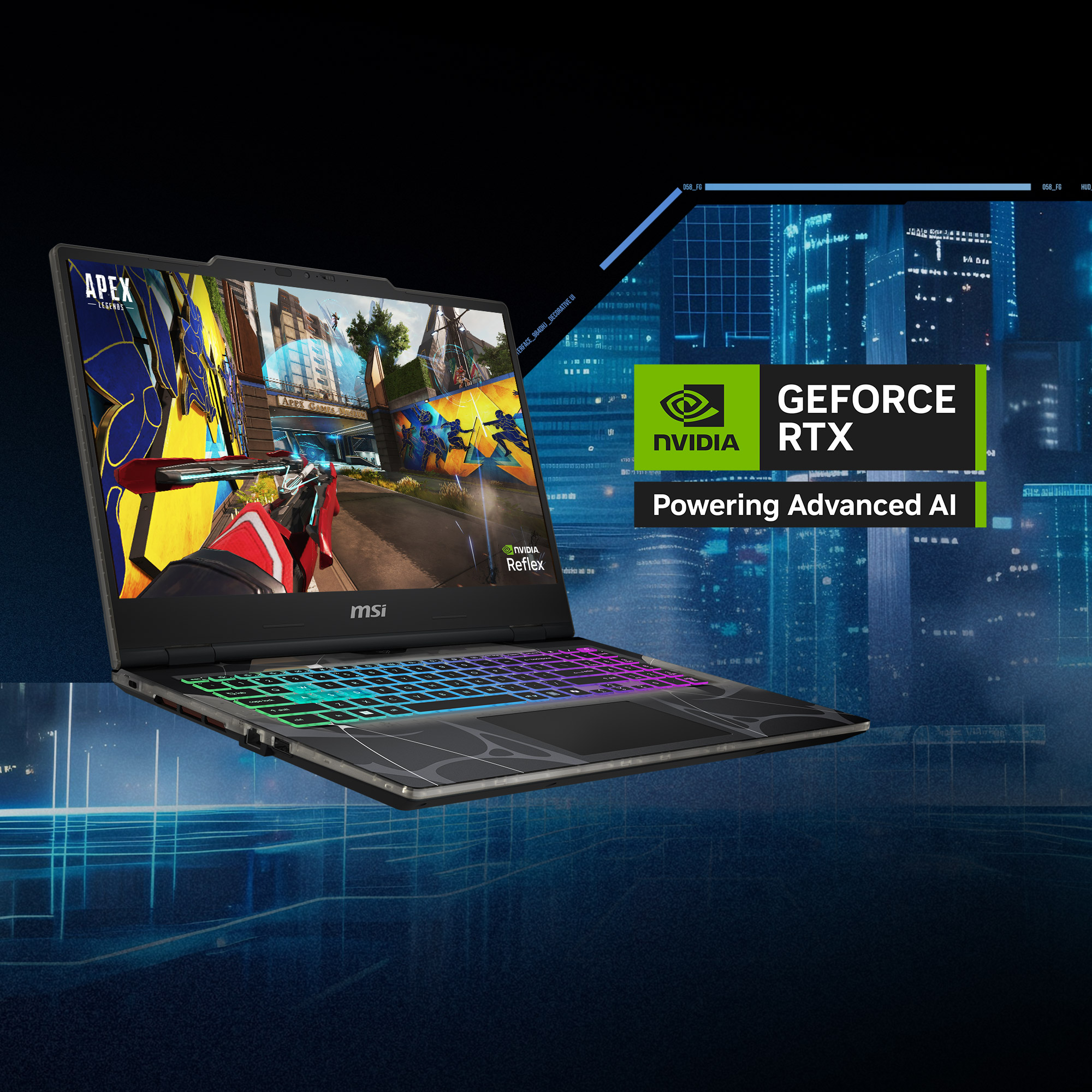 MSI-Gaming-Laptop zeigt ein Spiel. Nvidia GeForce RTX-Logo sichtbar. Hintergrund: Nachstadt. Tastatur leuchtet.