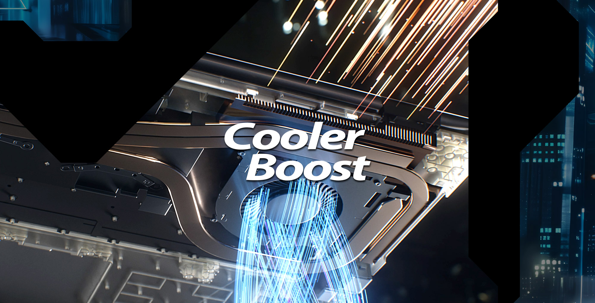 Laptop-Kühler mit Text 'Cooler Boost'. Blaue und orangefarbene Lichtstrahlen gehen vom Kühler aus. Im Hintergrund eine Stadt.