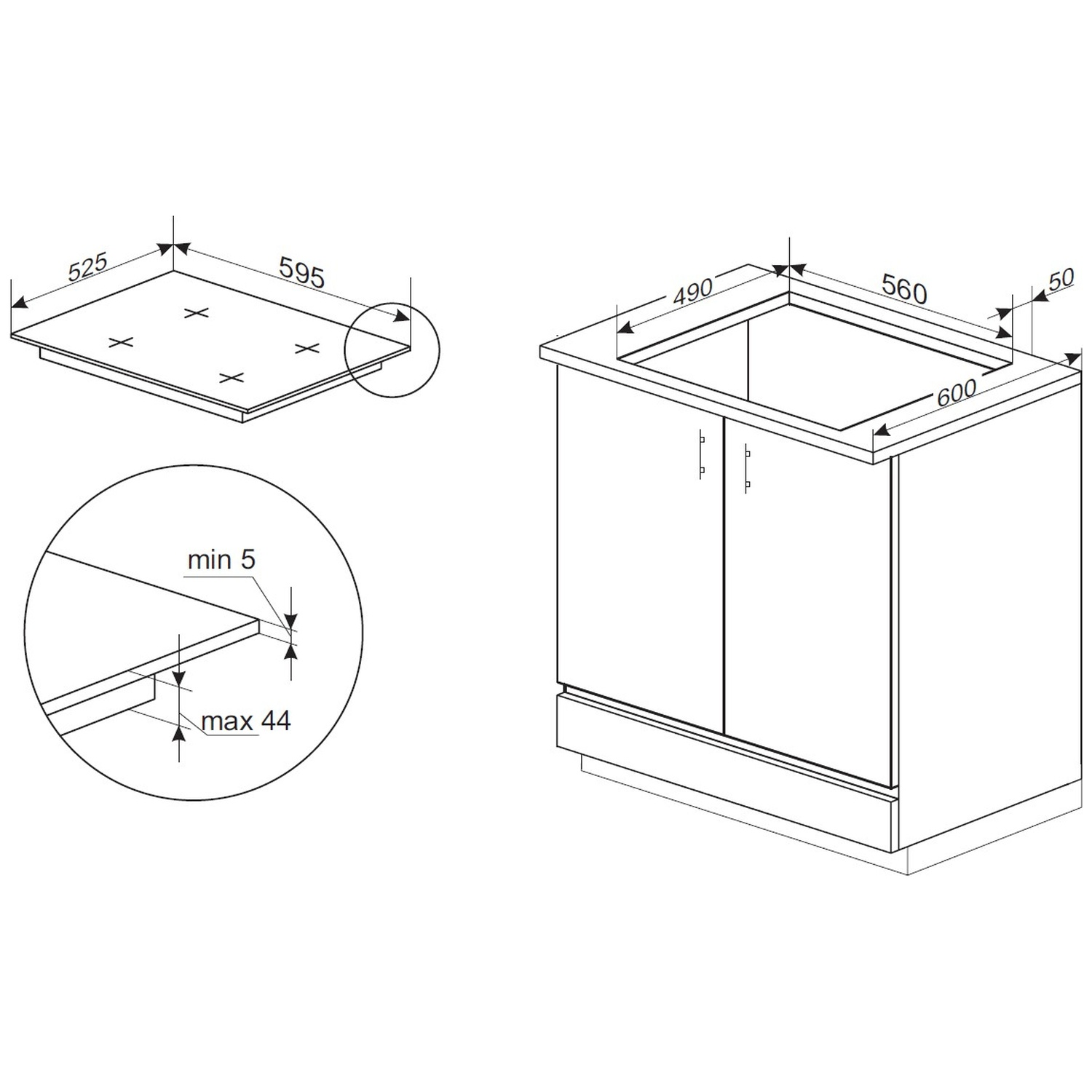 Diagramme montrant une table de cuisson et un meuble avec dimensions. Détails incluent la taille de la table de cuisson, l'ouverture du meuble et la profondeur min/max.