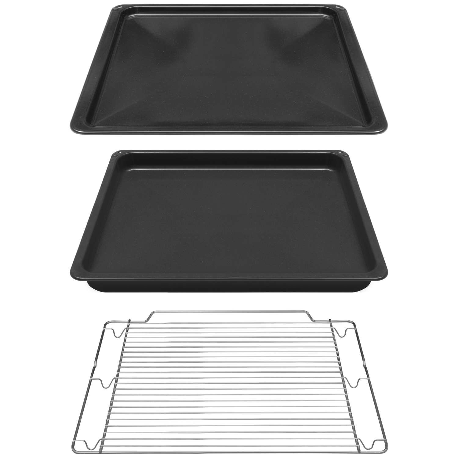 Trois éléments de four: deux plaques noires et une grille métallique argentée. Tous sur fond blanc, isolés.