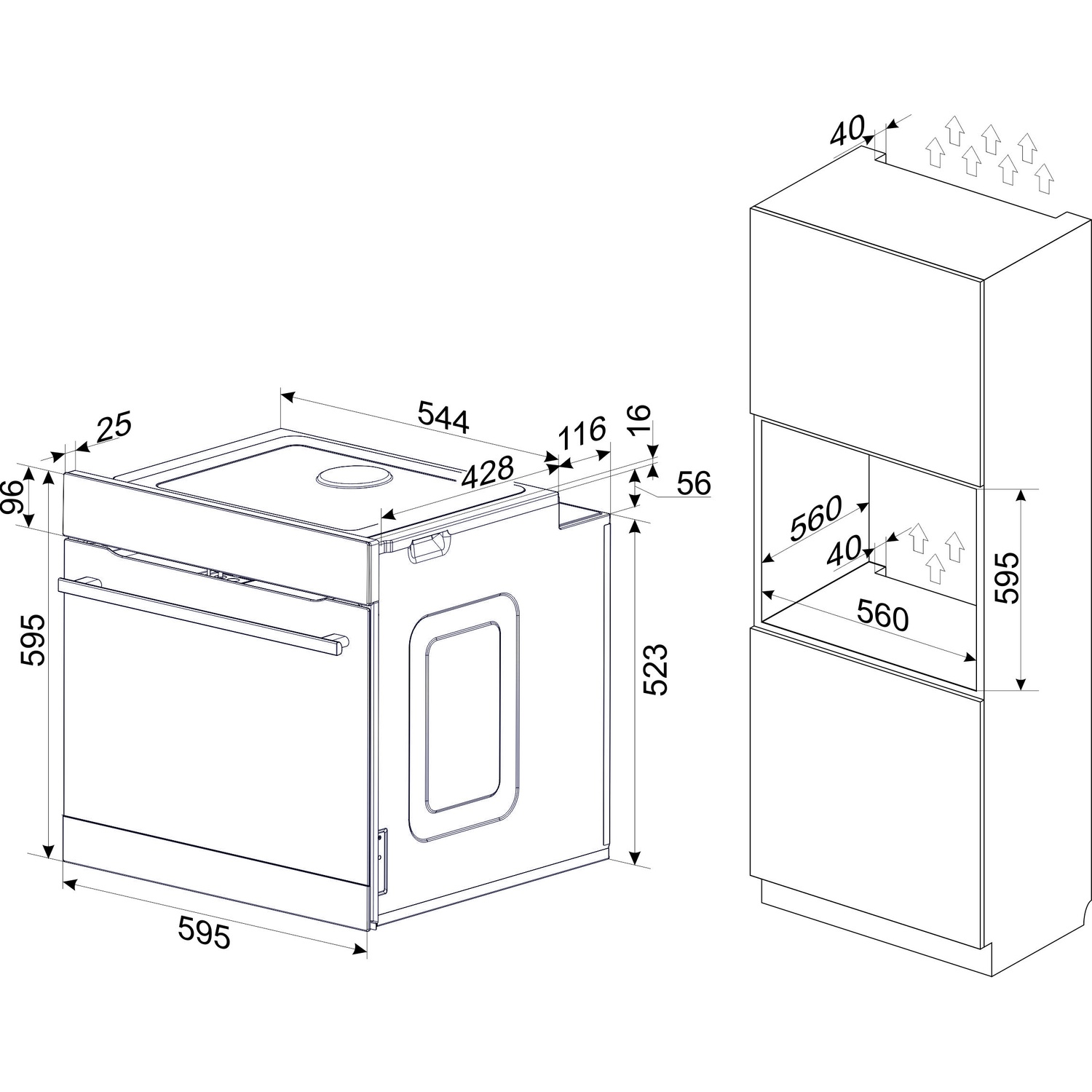 Diagramme d'un four de cuisine et d'un placard avec dimensions en millimètres. Le four est rectangulaire et possède une poignée.