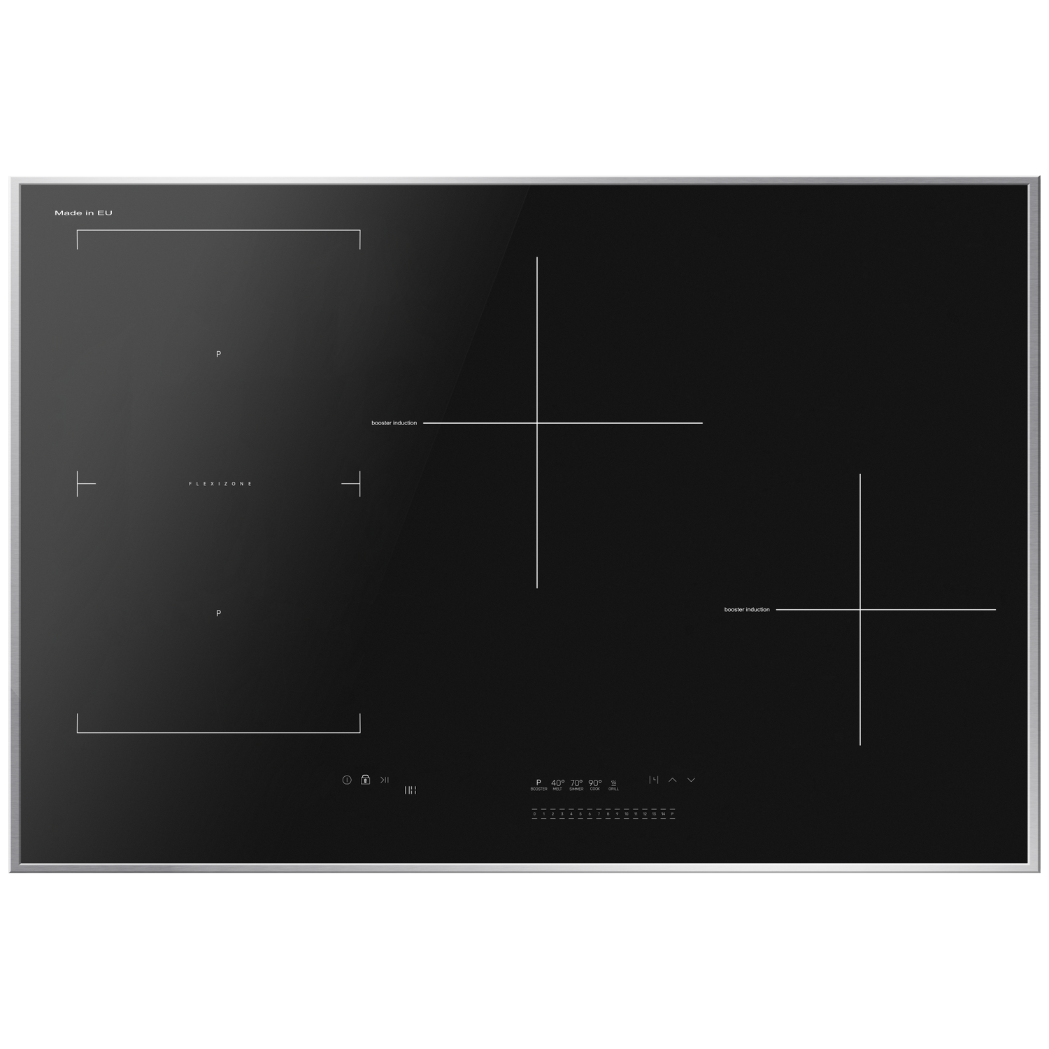 Une table de cuisson à induction noire avec des marquages blancs et des commandes tactiles. Le texte inclut 'Flexizone', 'booster induction' et réglages de température.
