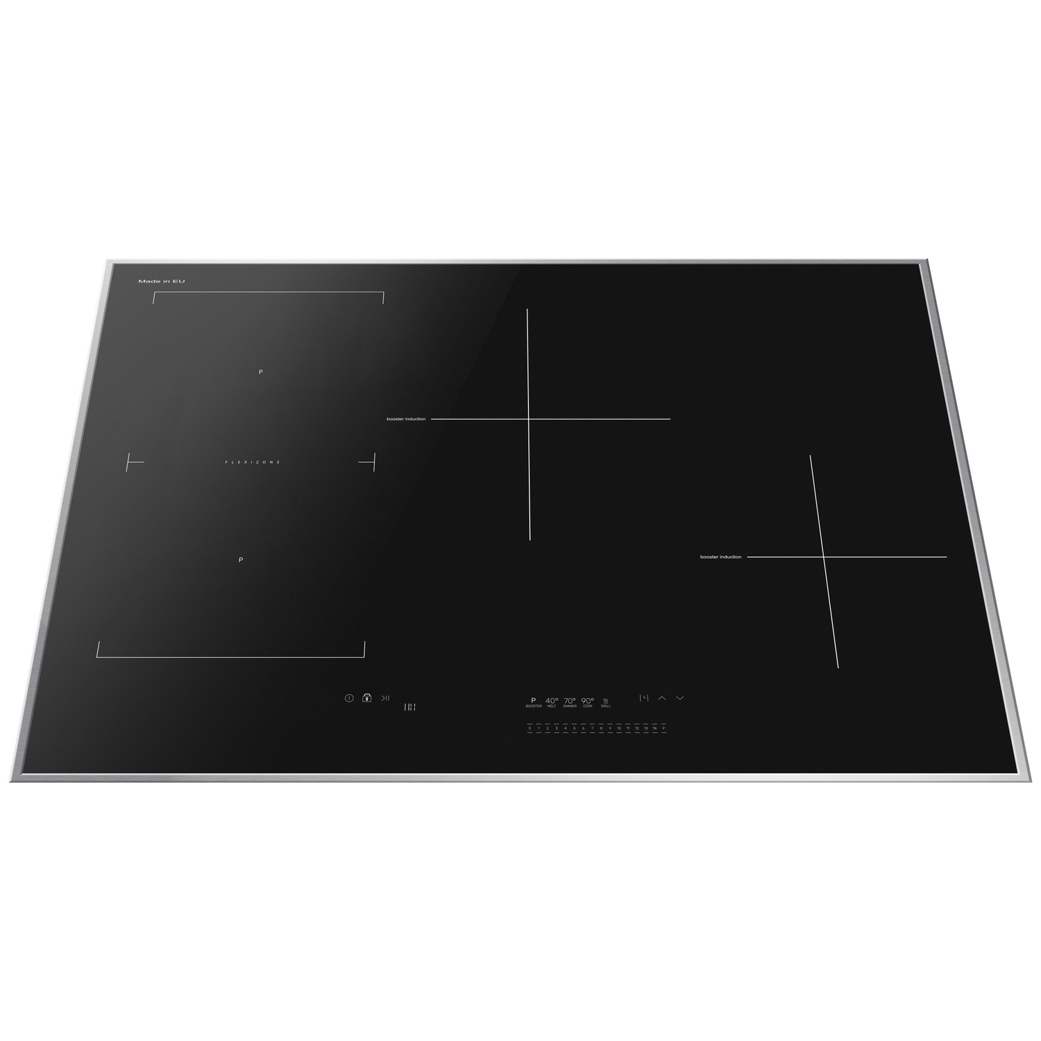 Une table de cuisson à induction noire avec une bordure argentée. Elle possède des commandes tactiles et des marquages blancs pour les zones de cuisson et les réglages.