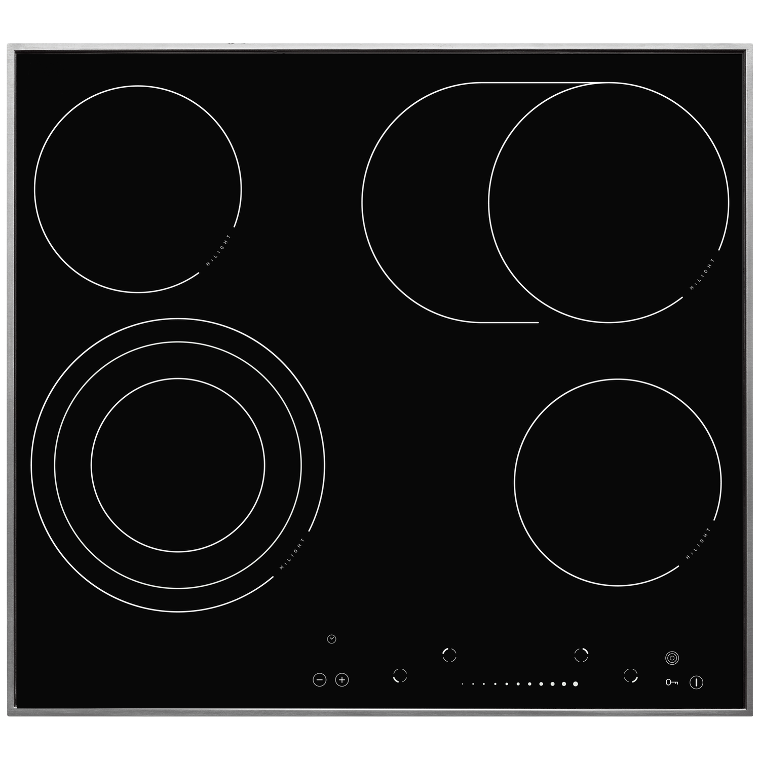 Table de cuisson électrique noire avec quatre brûleurs soulignés en blanc. Panneau de commande en bas avec commandes tactiles et voyants.