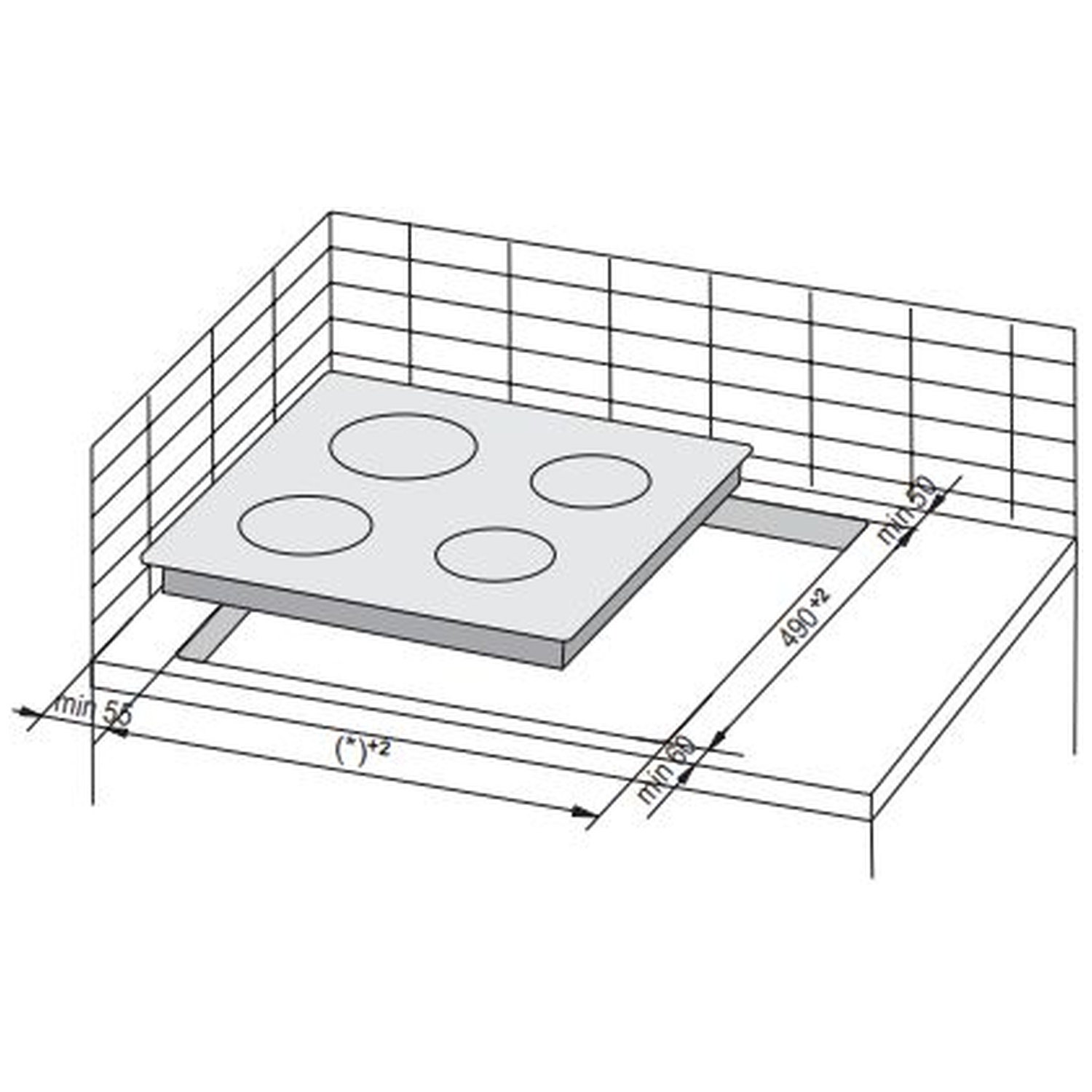 Schéma d'une table de cuisson à quatre brûleurs, montée sur un comptoir. Les dimensions sont indiquées, ainsi que les dégagements minimaux requis.