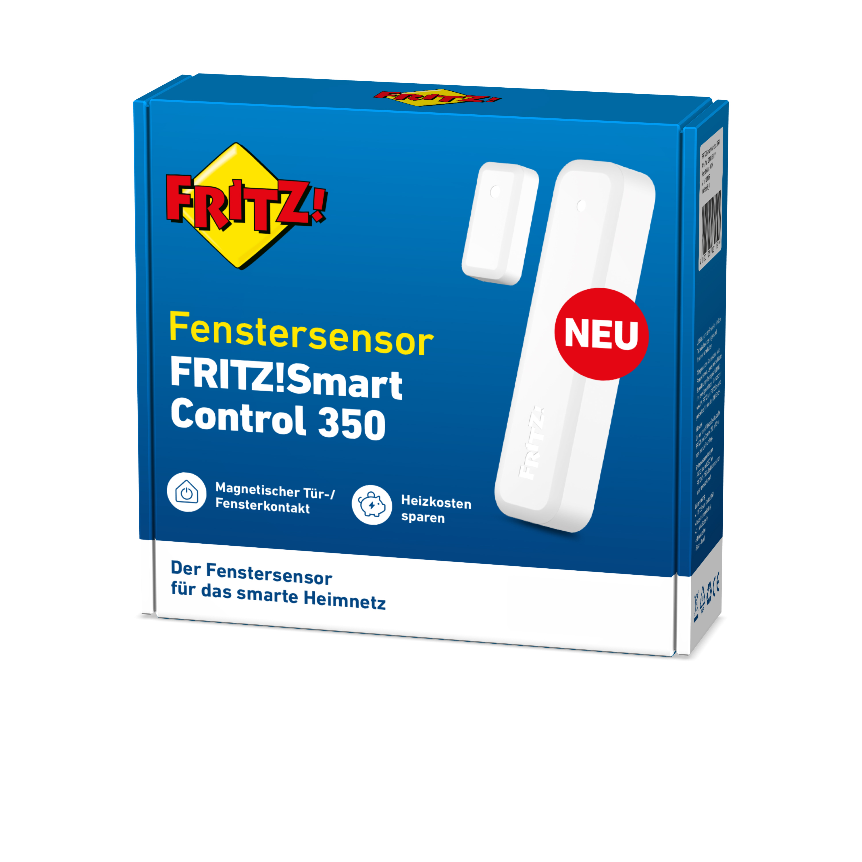 Eine blaue Schachtel mit der Marke FRITZ! zeigt einen Fenstersensor mit 'NEU'-Etikett.