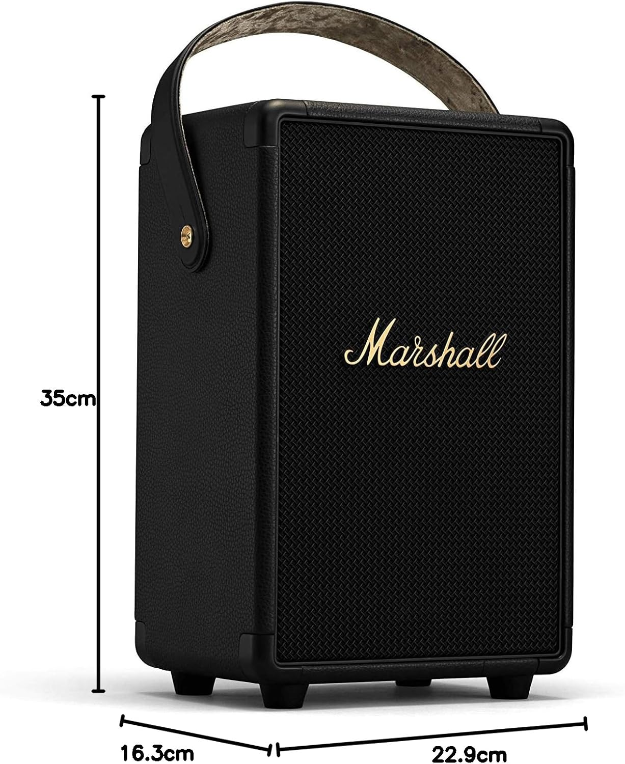 Siyah Marshall hoparlör, taşıma saplı. Boyutlar: 35 cm yüksekliğinde, 22,9 cm genişliğinde ve 16,3 cm derinliğinde. Dokulu ön panel.