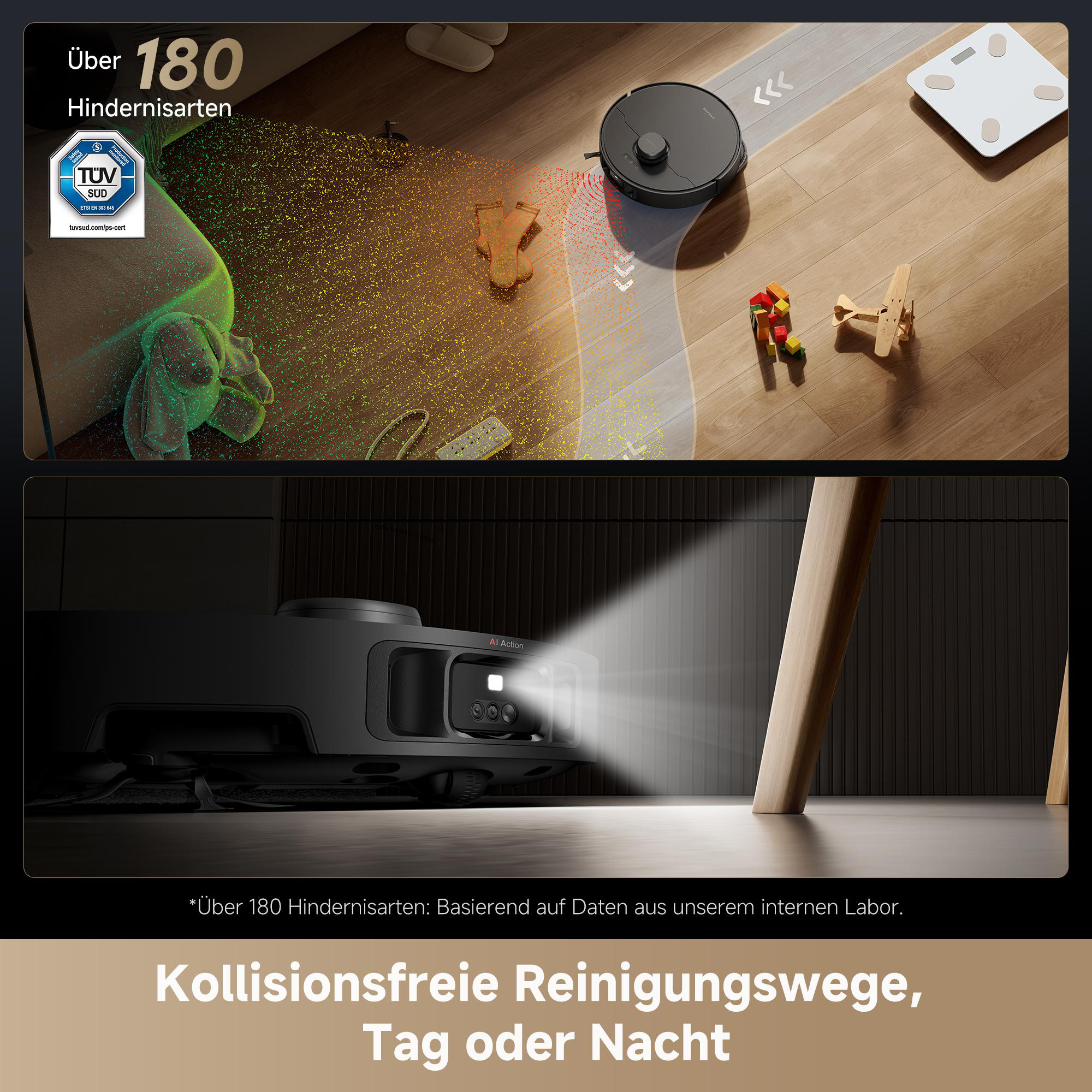 Ein Roboter-Staubsauger reinigt einen Raum. Spielzeug und eine Waage stehen auf dem Holzboden. Der Staubsauger weicht Hindernissen aus.